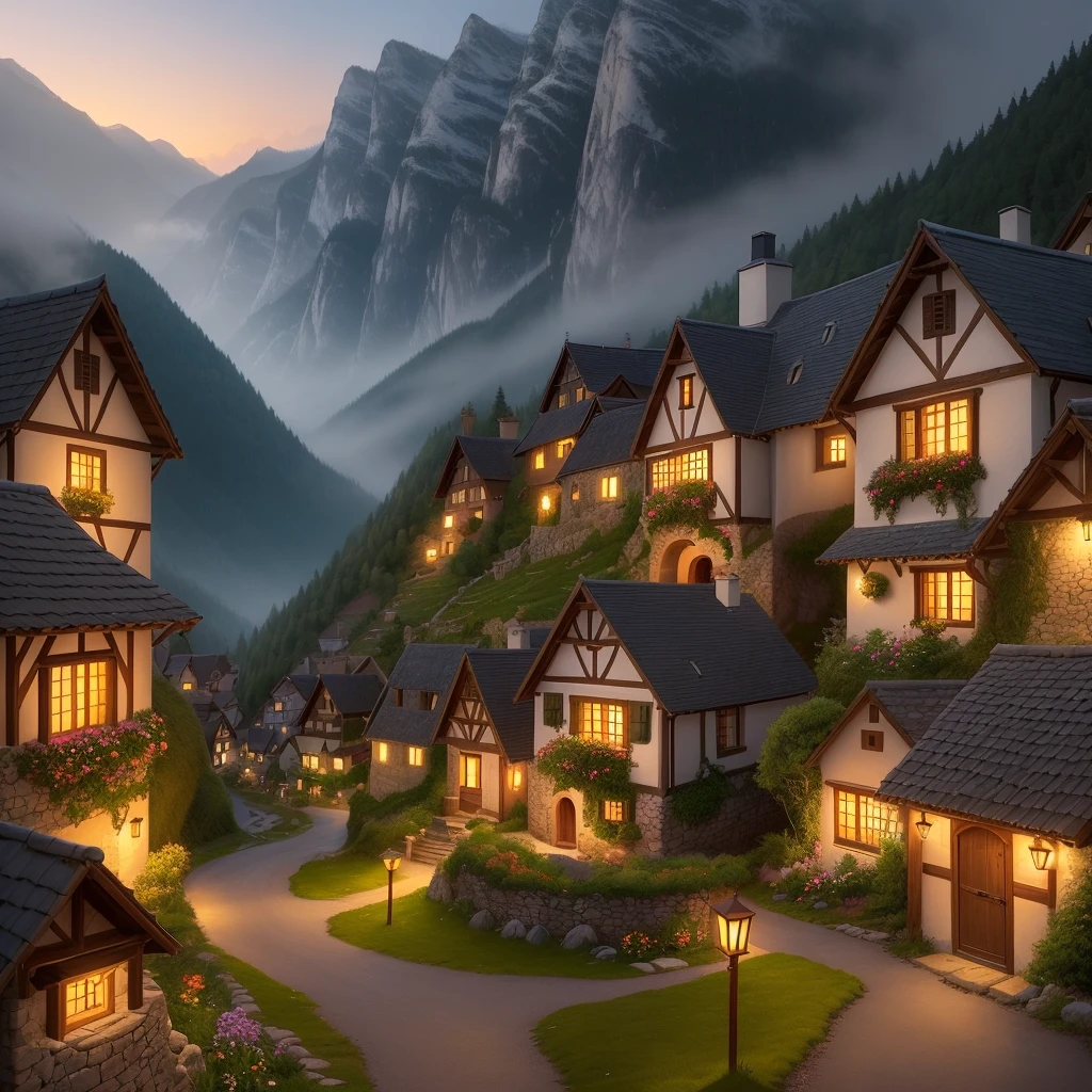 In the distance, hidden amidst the mountains, lies a small village. Its quaint houses and winding paths blend harmoniously with nature, a sanctuary nestled in this majestic fantasy realm. As the sun continues its descent, the village's lights start to flicker, casting a warm glow that contrasts beautifully with the fading daylight.
