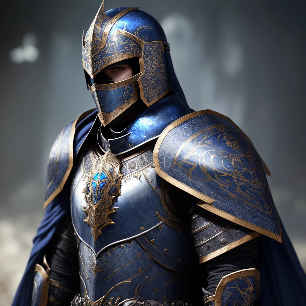 8k uhd, (hyper realistic), (photo realistic), (masterpiece), (best quality) a male knight in massive dark ornate blue plater armor, helm and faceplate covering the face but shows the eyes, facing the viewer