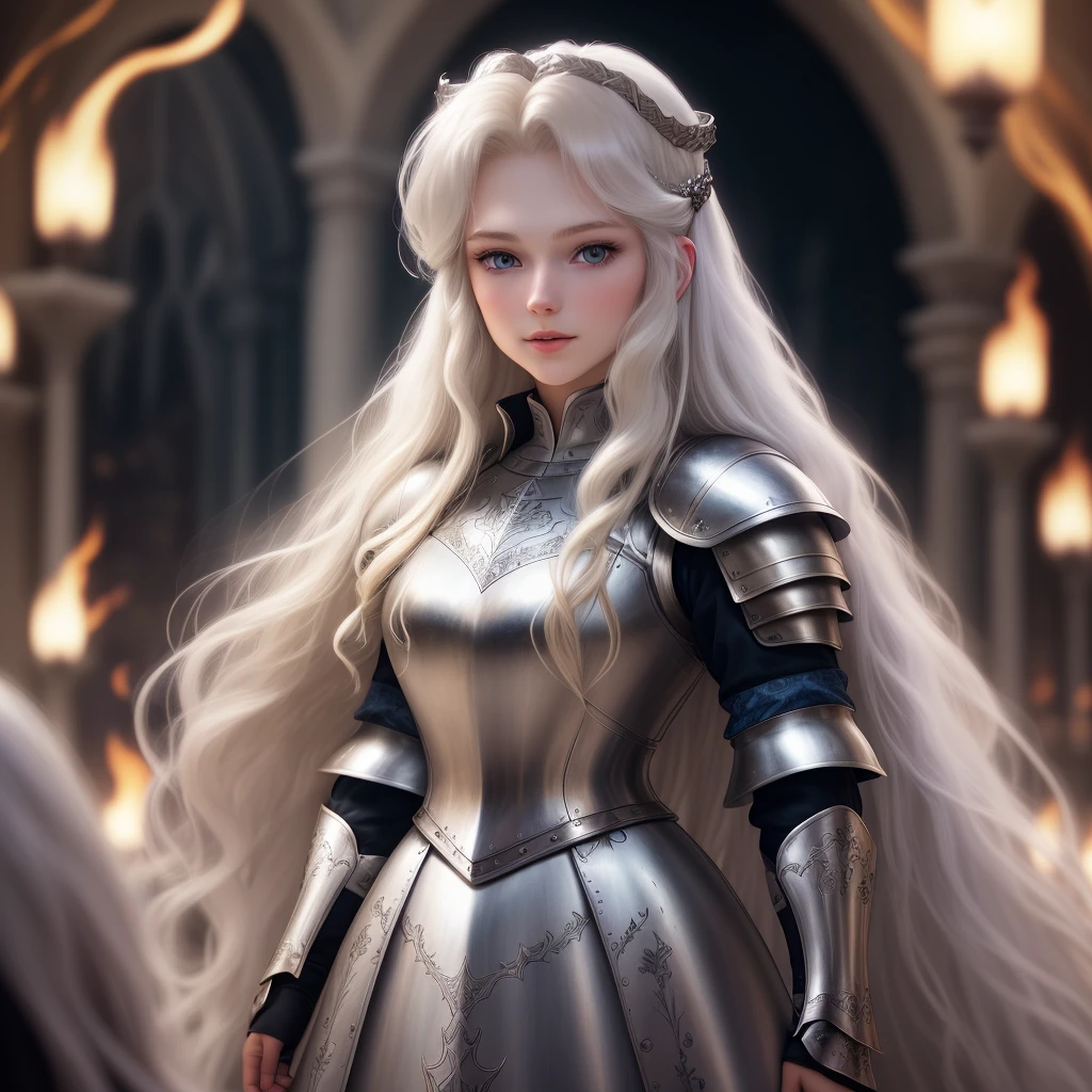 RAW photo, a close up portrait photo of a pretty 25 y.o woman in silver medieval armor, long blonde flowy hair, pale skin, slim body, blue eyes, background dark fantasy castle, (high detailed skin:1.2), magic, fire, 8k uhd, dslr, soft lighting, high quality, film grain, Fujifilm XT3, full body, dark fantasy, (night time)