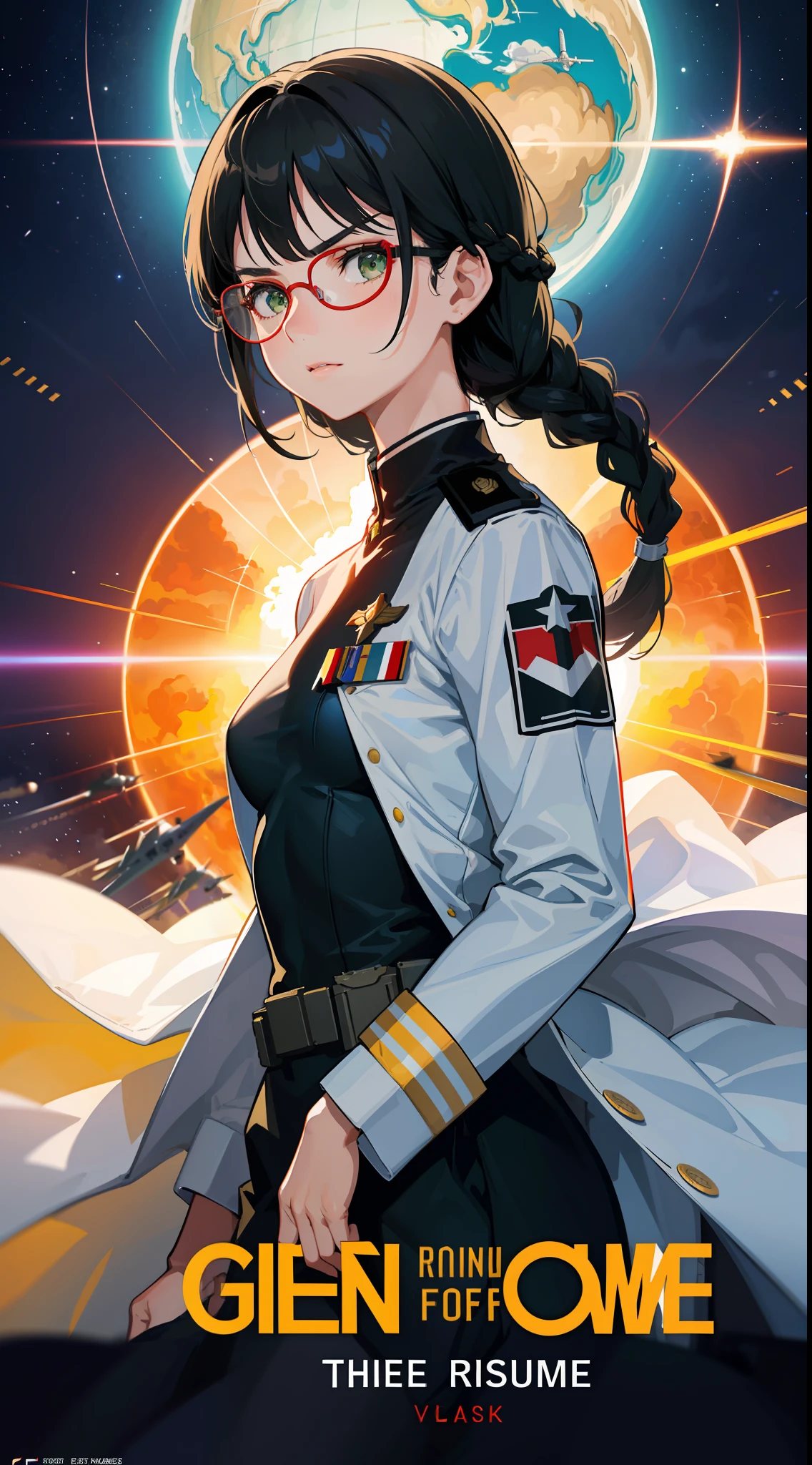 Ring World,Science Fiction,English,Movie Logo,(Movie Poster),Science Fiction,Sci-Fi,War,(Movie Reference Foundations), 3D faces, most realistic resolution, beautiful effects, CG Best,More Than One,Serious Face,Serious Face,Backgrounds Image,White Dress,(Wearing German World War 2 General Uniform),Woman,Adult,Age 28,Small Breasts,Skinny,Green Eyes,Black Hair,Double Braided Hairstyle,Bangs,Red Glasses,Fighter Plane,Military,Air Force,Army Greatness