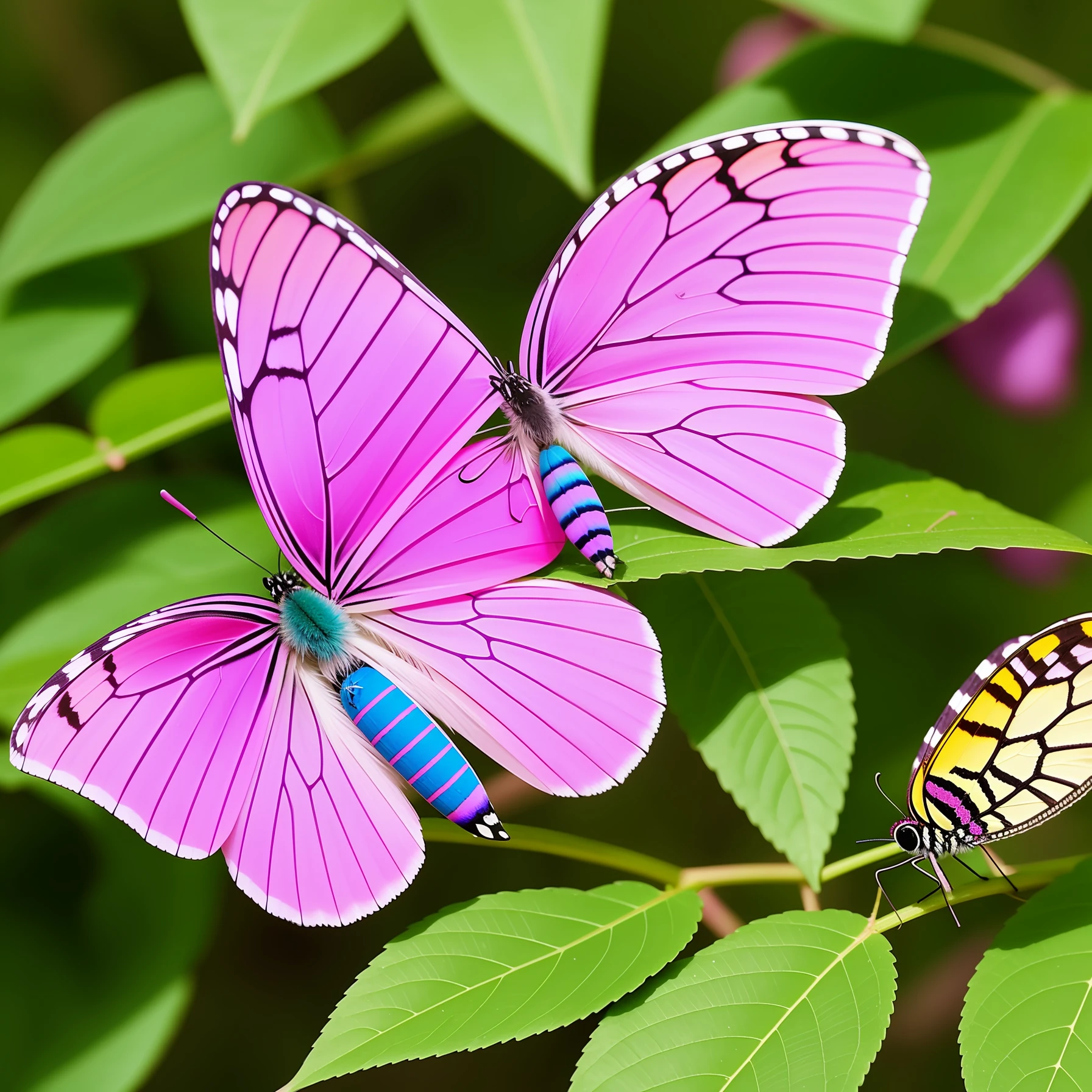 Pink and purple butterfly with green caterpillar
