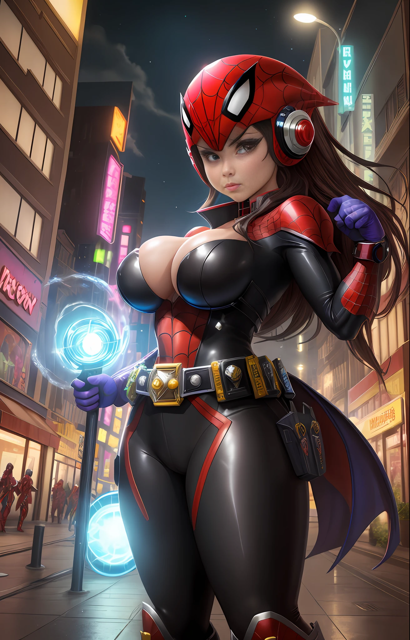((character centered in image)), Image with full resolution/quality/sharpness/, Unreal Engine 5/Power Rangers/Tokusatsu/Mortal Kombat/Super Metroid, Cartoon/Disney/Dragon ball/Style, ((1/Woman/big breasts1/helmet/belt/Mega Man-X/Kamen Rider/Spiderman)), mohawk long hair, looking at the viewer, pose, City at night shower strongly, --w 658 --h 1024