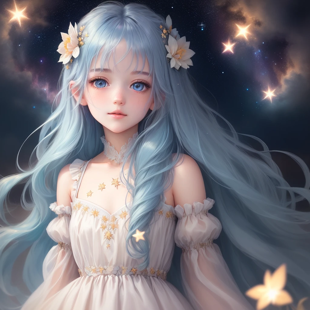 {{best quality}}, {{masterpiece}}, {{ultra-detailed}}, {illustration}, {detailed light}, {an extremely delicate and beautiful}, a girl, {beautiful detailed eyes}, stars in the eyes, messy floating hair, colored inner hair, Starry sky adorns hair, depth of field