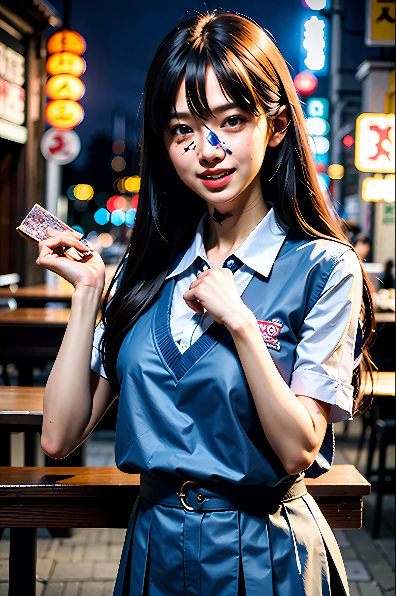 (masterpiece), best quality, ultra high res, close up, slim body, 1girl,school uniform, long hair, laughing, ramen, night, Tokyo restaurant background, colorful lights, photon mapping, radiosity, physically-based rendering, cinematic lighting, intricate, High Detail, Sharp focus, dramatic, photorealistic