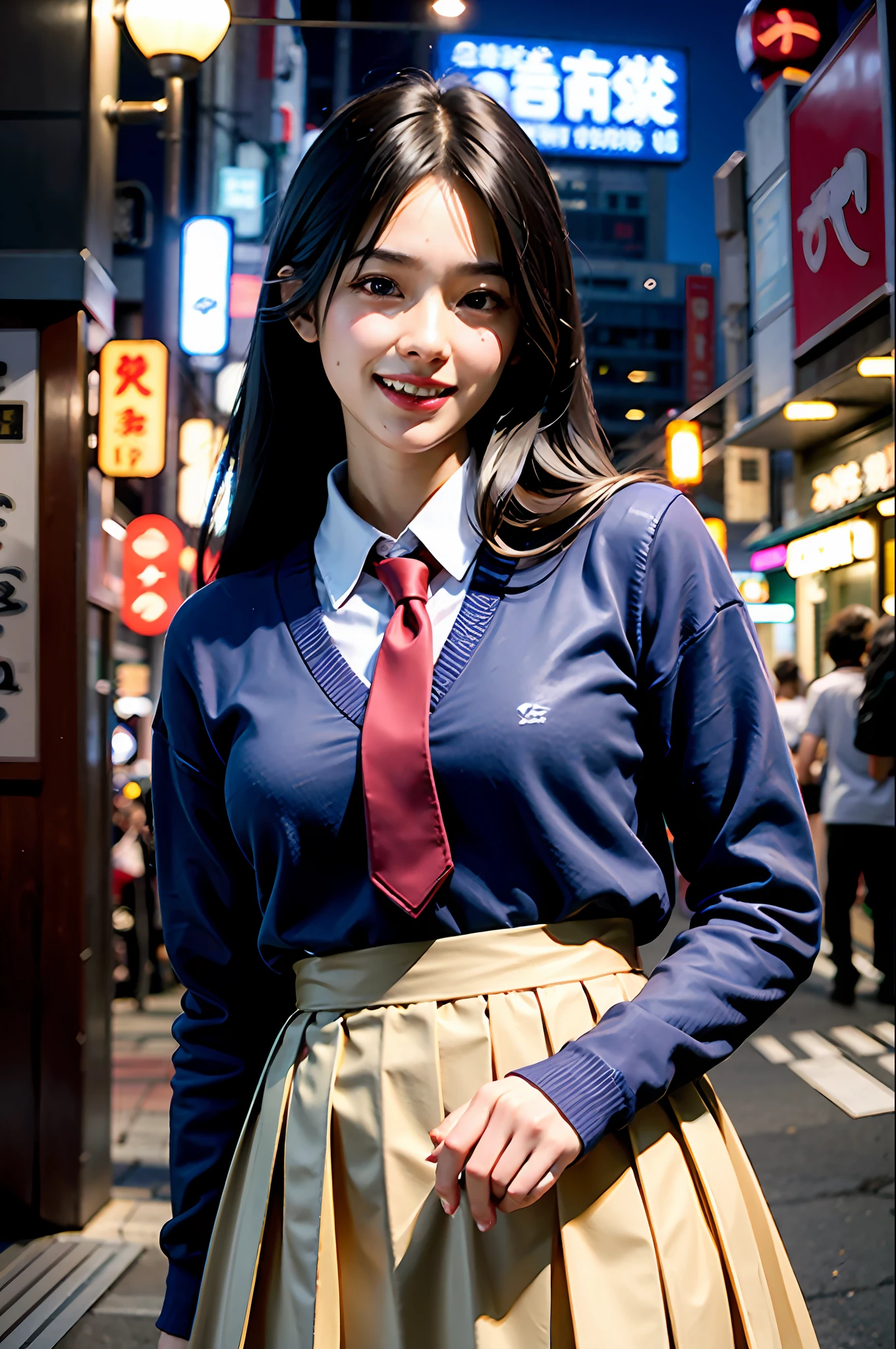 (masterpiece), best quality, ultra high res, close up, slim body, 1girl,school uniform, long hair, laughing, ramen, night, Tokyo restaurant background, colorful lights, photon mapping, radiosity, physically-based rendering, cinematic lighting, intricate, High Detail, Sharp focus, dramatic, photorealistic