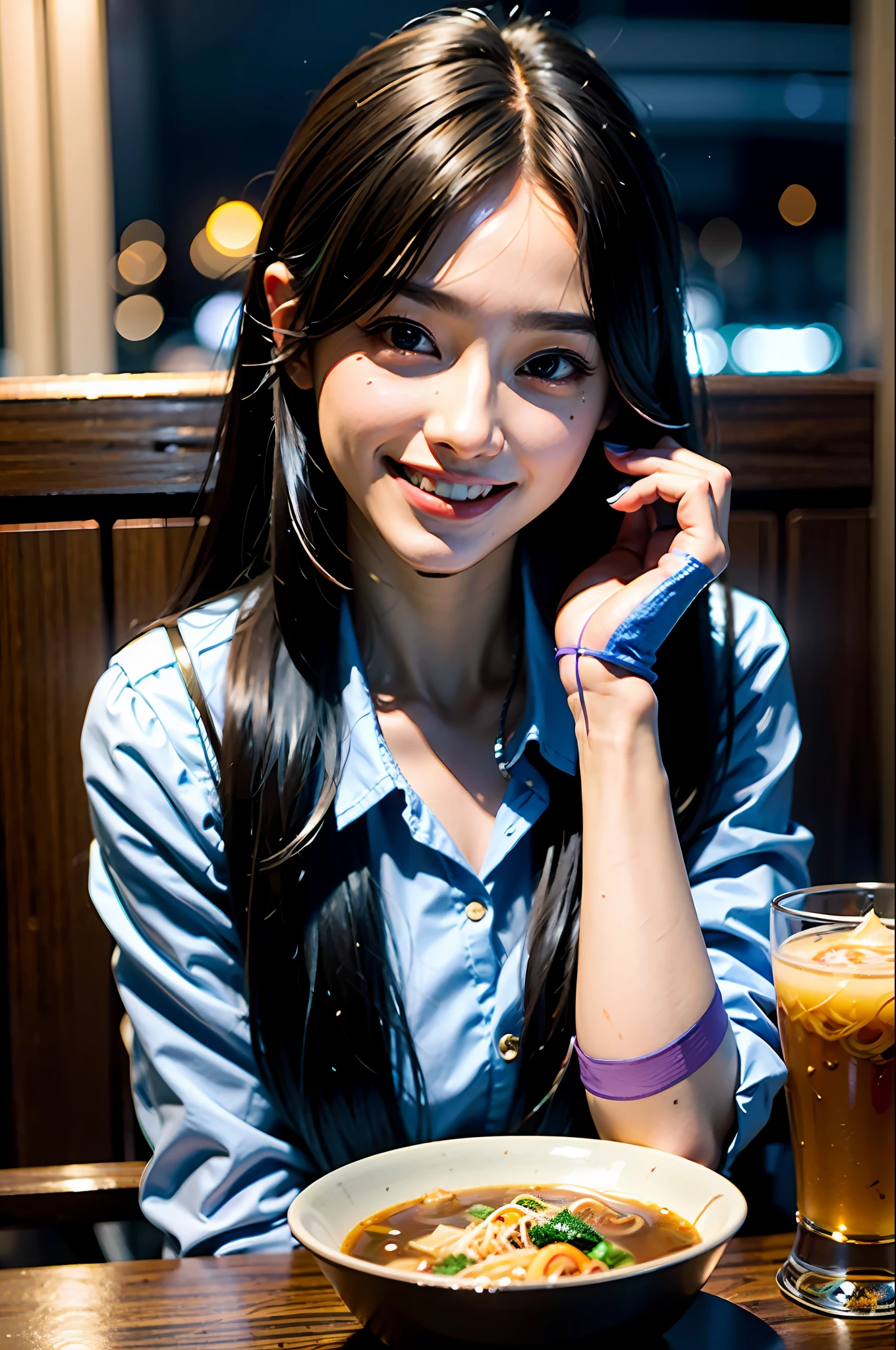 (masterpiece), best quality, ultra high res, close up, slim body, 1girl,school uniform, long hair, laughing, ramen, night, Tokyo restaurant background, colorful lights, photon mapping, radiosity, physically-based rendering, cinematic lighting, intricate, High Detail, Sharp focus, dramatic, photorealistic