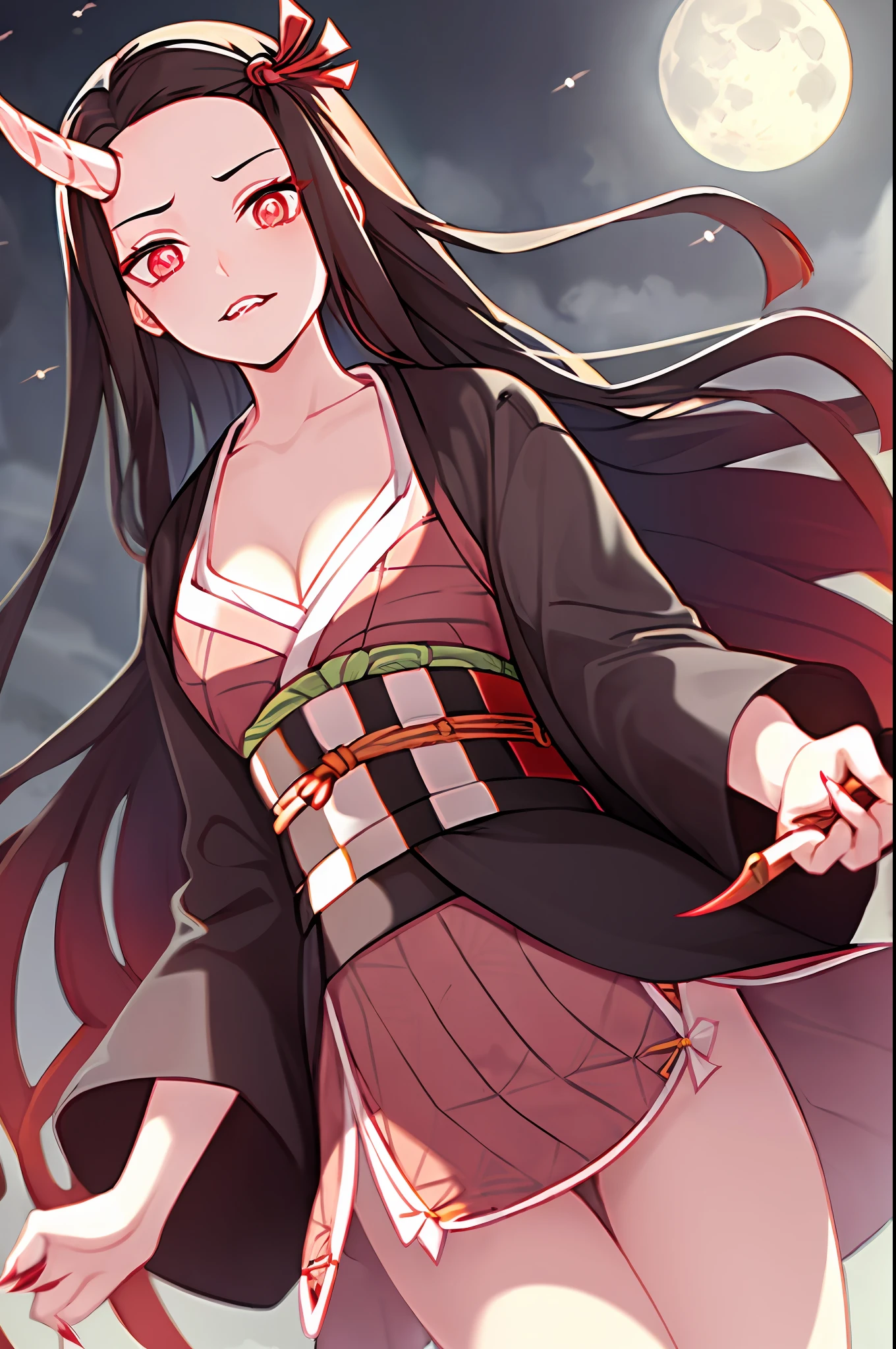 kamado nezuko, 1girl, slit pupils, bite bamboo, ((aged up)), brown hair, buckle, cleavage, collarbone, cowboy shot, dutch angle, fingernails, full moon, gradient hair, horns, japanese clothes, kimono, long hair, looking at viewer, moon, multicolored hair, night, obi, oni horns, pink kimono's, dark hair, orannge bottom hair, red eyes, red nails, sash, sharp fingernails, single horn, solo, standing, very long hair, weapon, white belt, ((masterpiece)), nezuko kamado, kimetsu no yaiba,