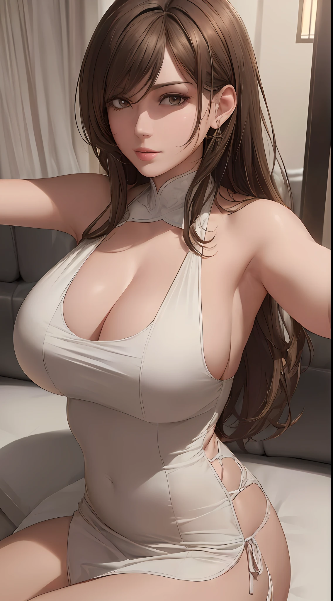 ((Cinematic light, Best quality, 8k, Masterpiece :1.3)), Selfie, 1girl, Pretty woman with slender abs :1.4, (Brown hair, Huge breasts :1.3), Oversized dress :1.2, Couch, Ultra-detailed face, Detailed eyes, Double eyelid