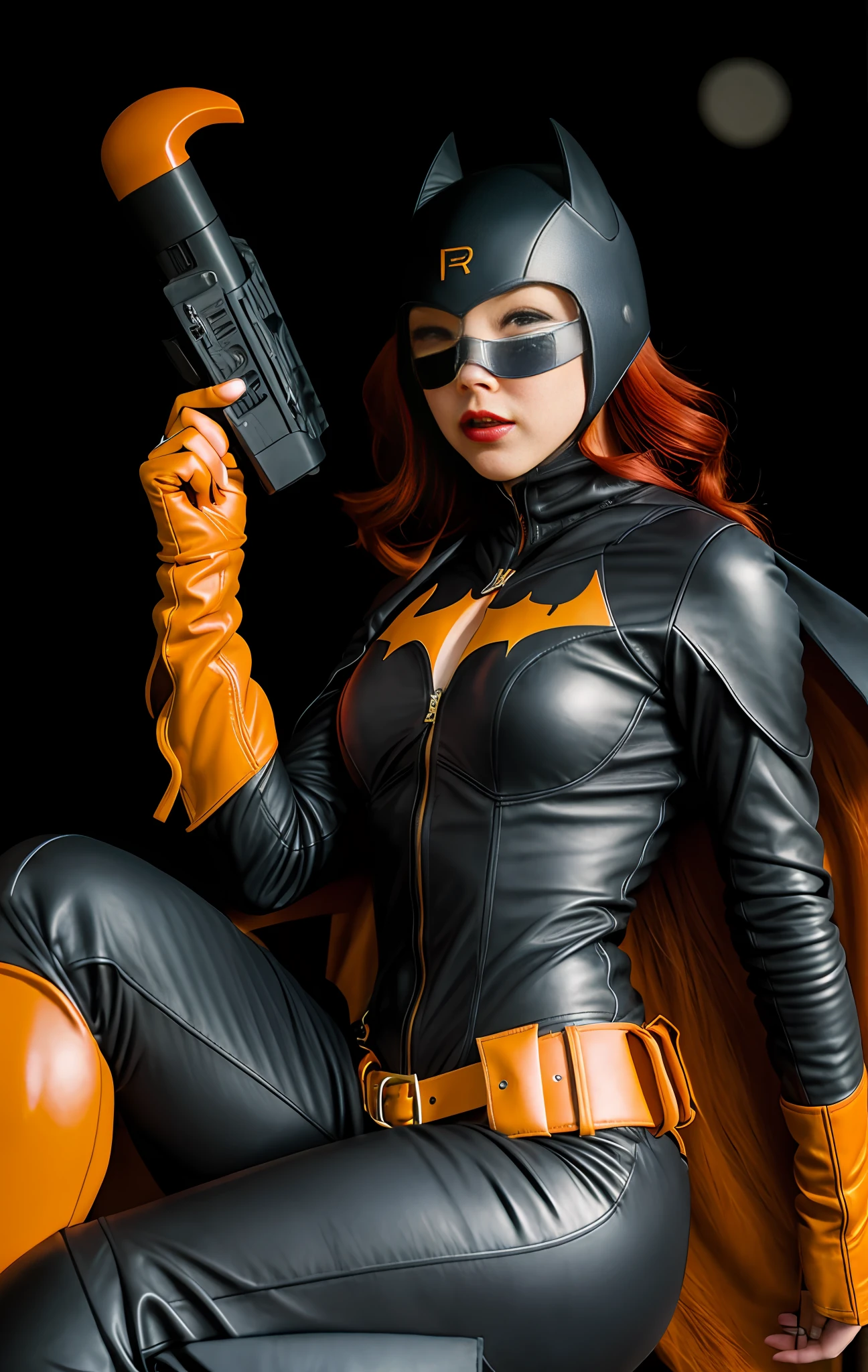 Bat girl, red hair, leather suit, mask on face.