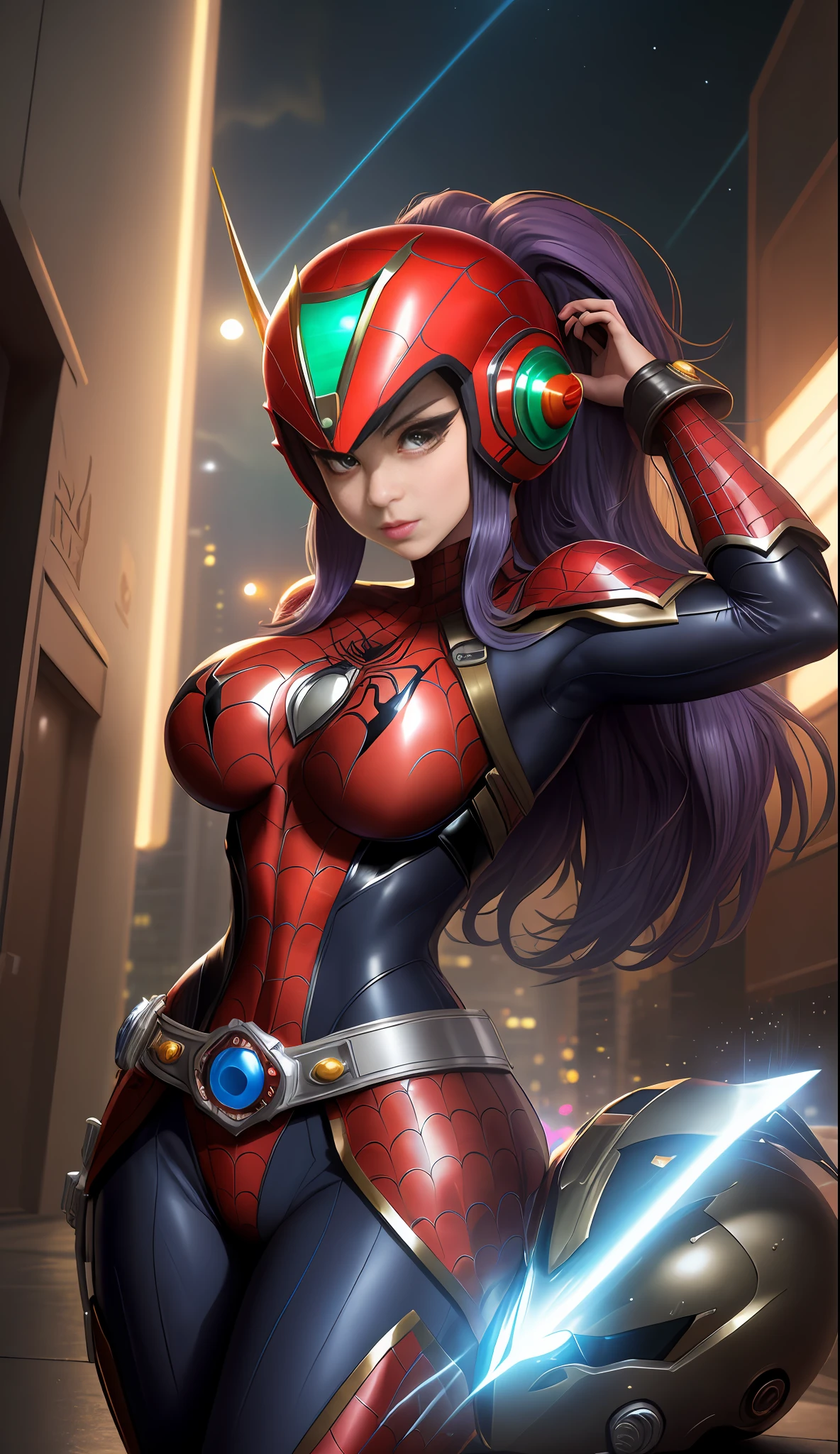 ((body centered)), Image with full resolution/quality/sharpness/, Unreal Engine 5/Power Rangers/Tokusatsu/Mortal Kombat/Super Metroid, Cartoon/Disney/Dragon ball/Style, ((1/Woman/big breasts1/helmet/belt/Mega Man-X/Kamen Rider/Spiderman)), mohawk long hair, looking at viewer, pose, City at night shower strongly, --w 658 --h 1024
