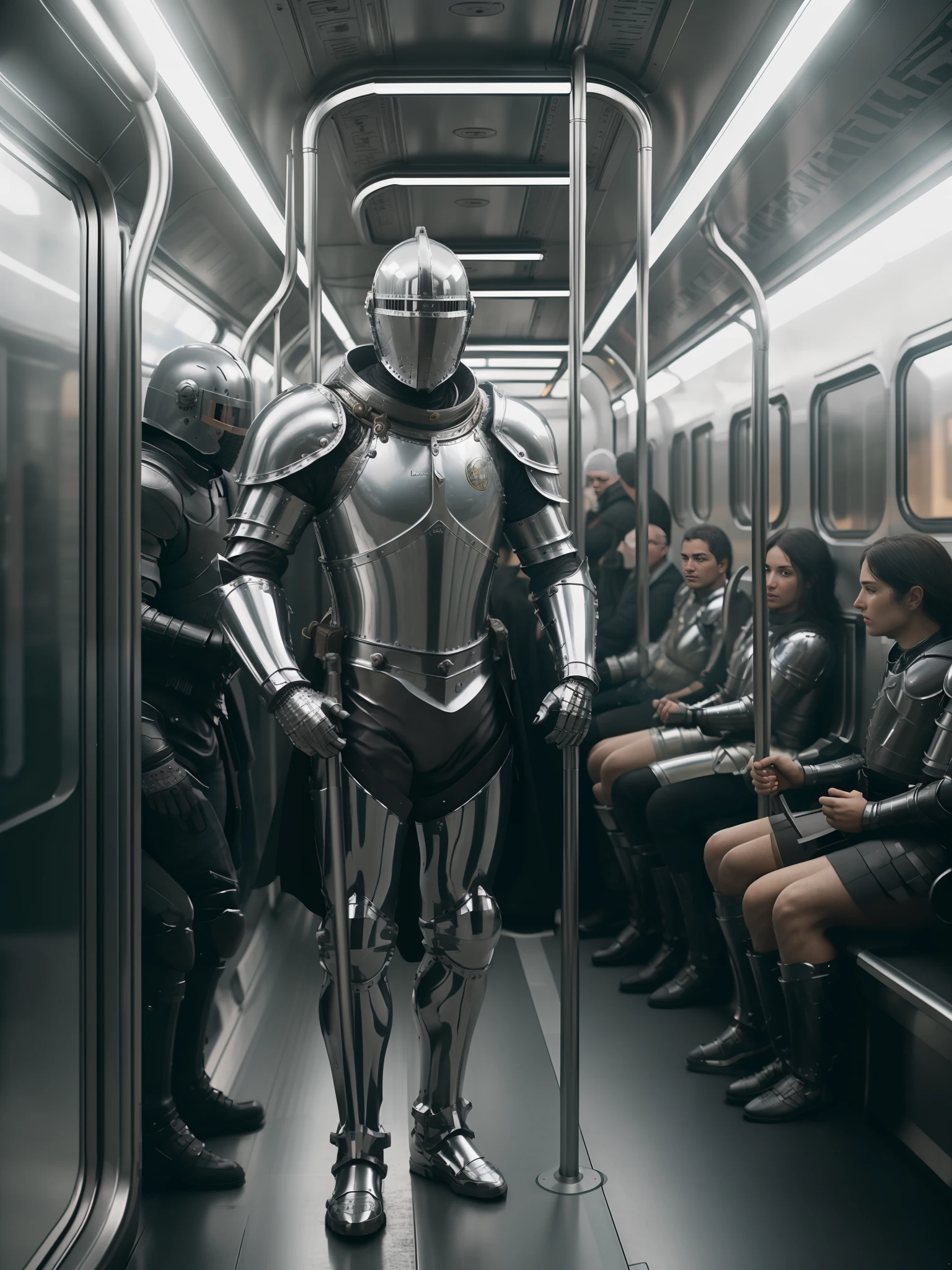 A knight in chrome armor ((8k ultra realistic, well detailed)) is standing inside a train car, ((details of space between the knight and people)) with people around admiring him (details on the carriage and the subway floor),