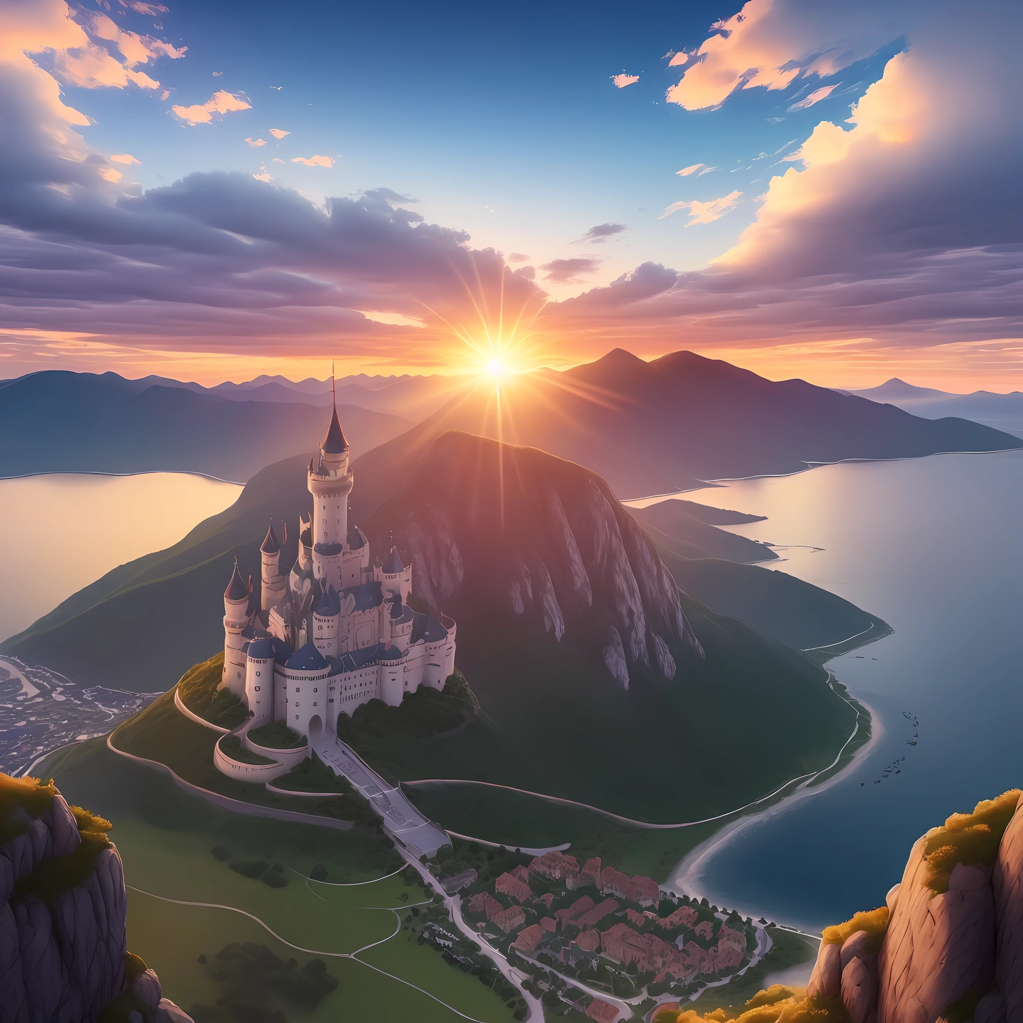 YouTube banner sunrise saw from an ultra realistic castle seeing mountains and sea with the sun rising, with a beautiful sky mayor