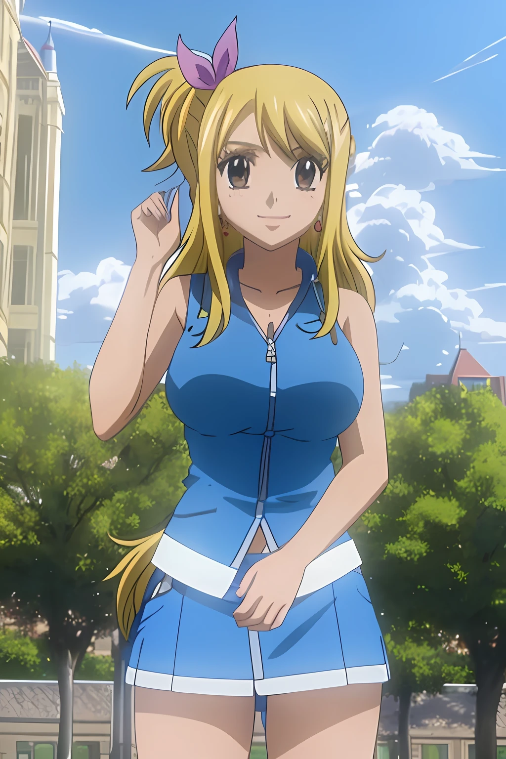 masterpiece,best quality,lucy heartfilia, 1girl, solo, blonde hair, brown eyes, big breast, long hair, earrings, jewelry, smile, ribbon, hair ribbon, tree,