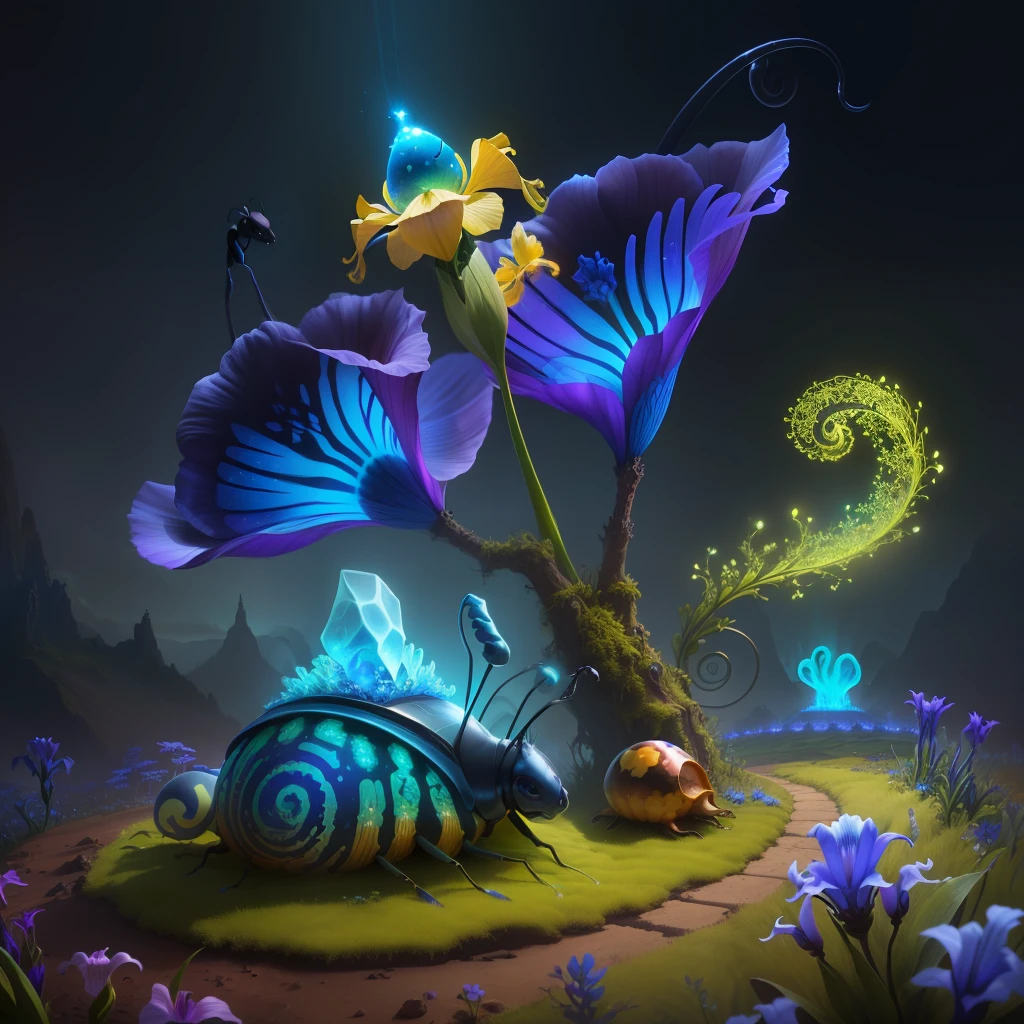 a psychedelic ant hill housing a snail with very long blue horns yellow moss, tamised light, delicate iris, translucid vapor, fantasy, hd, HDR 4k