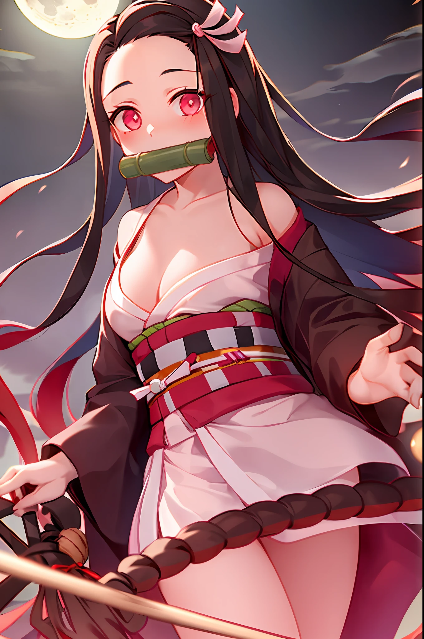 kamado nezuko, 1girl, slit pupils, bite bamboo, ((aged up)), brown hair, buckle, cleavage, collarbone, cowboy shot, full moon, gradient hair, japanese clothes, kimono, long hair, looking at viewer, moon, multicolored hair, night, obi, pink kimono's, dark hair, orannge bottom hair, red eyes, single horn, solo, standing, very long hair, weapon, white belt, ((masterpiece)), nezuko kamado, kimetsu no yaiba, mouth bite bamboo's, cute face,