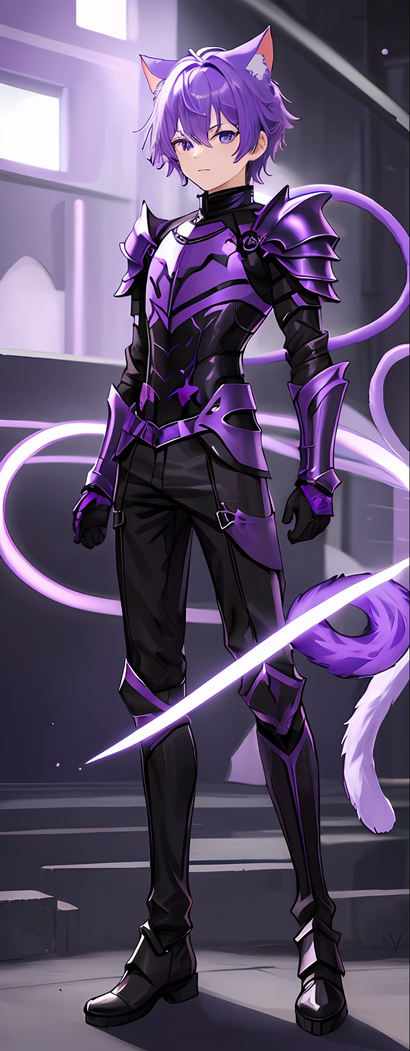 1boy, slim purple armor, purple hair, blue eyes, long black combat boots, black pants, cat ears, cat tail, HD, masterpiece, vibrant, toned, slim