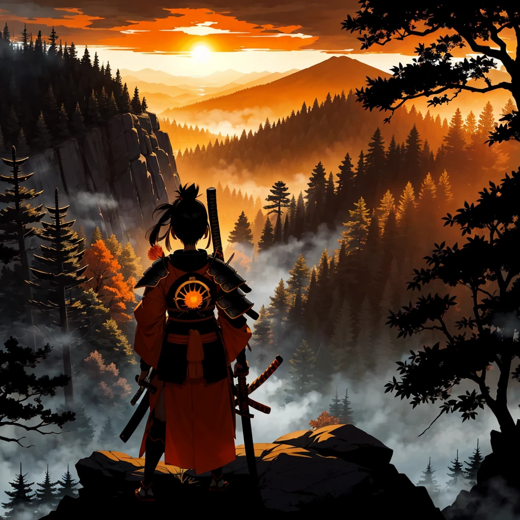 Ryuugu Rena as a samurai, A fierce warrior, dressed in traditional Japanese armor with a katana at her side, stands atop a rocky outcropping overlooking a forest. The sun is setting, casting a warm orange glow across the scene. The mood is determined, focused, and ready for battle. The atmosphere is tense, with a sense of foreboding as if danger is lurking just beyond the treeline. The lighting is emphasized by the contrasting shadows that envelop the trees. The orange glow of the sun radiates from behind Rena, casting dramatic highlights on her armor, creating a silhouette