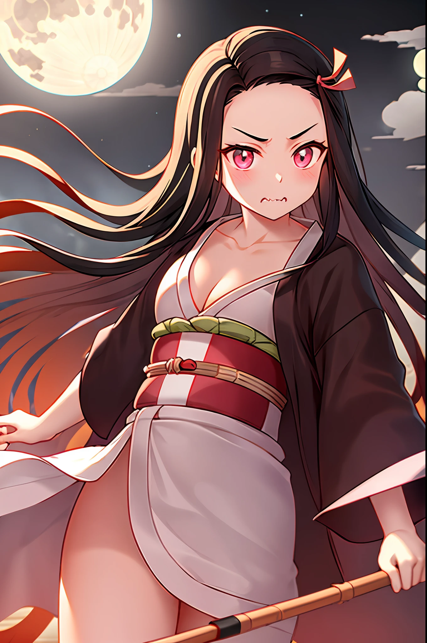 kamado nezuko, 1girl, slit pupils, bite bamboo, ((aged up)), brown hair, buckle, cleavage, collarbone, cowboy shot, full moon, gradient hair, japanese clothes, kimono, long hair, looking at viewer, moon, multicolored hair, night, obi, pink kimono's, dark hair, orannge bottom hair, red eyes, single horn, solo, standing, very long hair, weapon, white belt, ((masterpiece)), nezuko kamado, kimetsu no yaiba, mouth bite bamboo's, cute face,