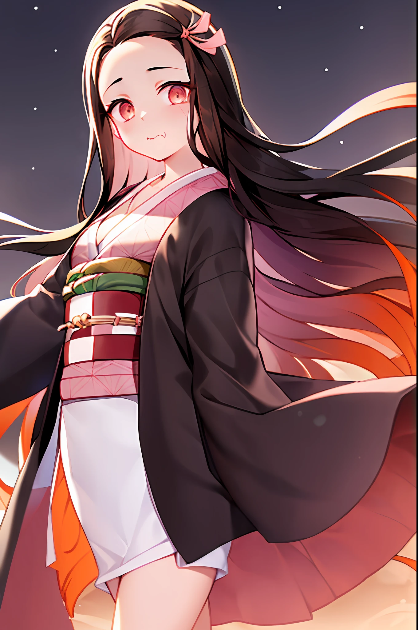 kamado nezuko, 1girl, slit pupils, bite bamboo, ((aged up)), brown hair, buckle, cleavage, collarbone, cowboy shot, full moon, gradient hair, japanese clothes, kimono, long hair, looking at viewer, moon, multicolored hair, night, obi, pink kimono's, dark hair, orange bottom hair, red eyes, solo, standing, very long hair, white belt, ((masterpiece)), nezuko kamado, kimetsu no yaiba, mouth bite bamboo's, cute face,