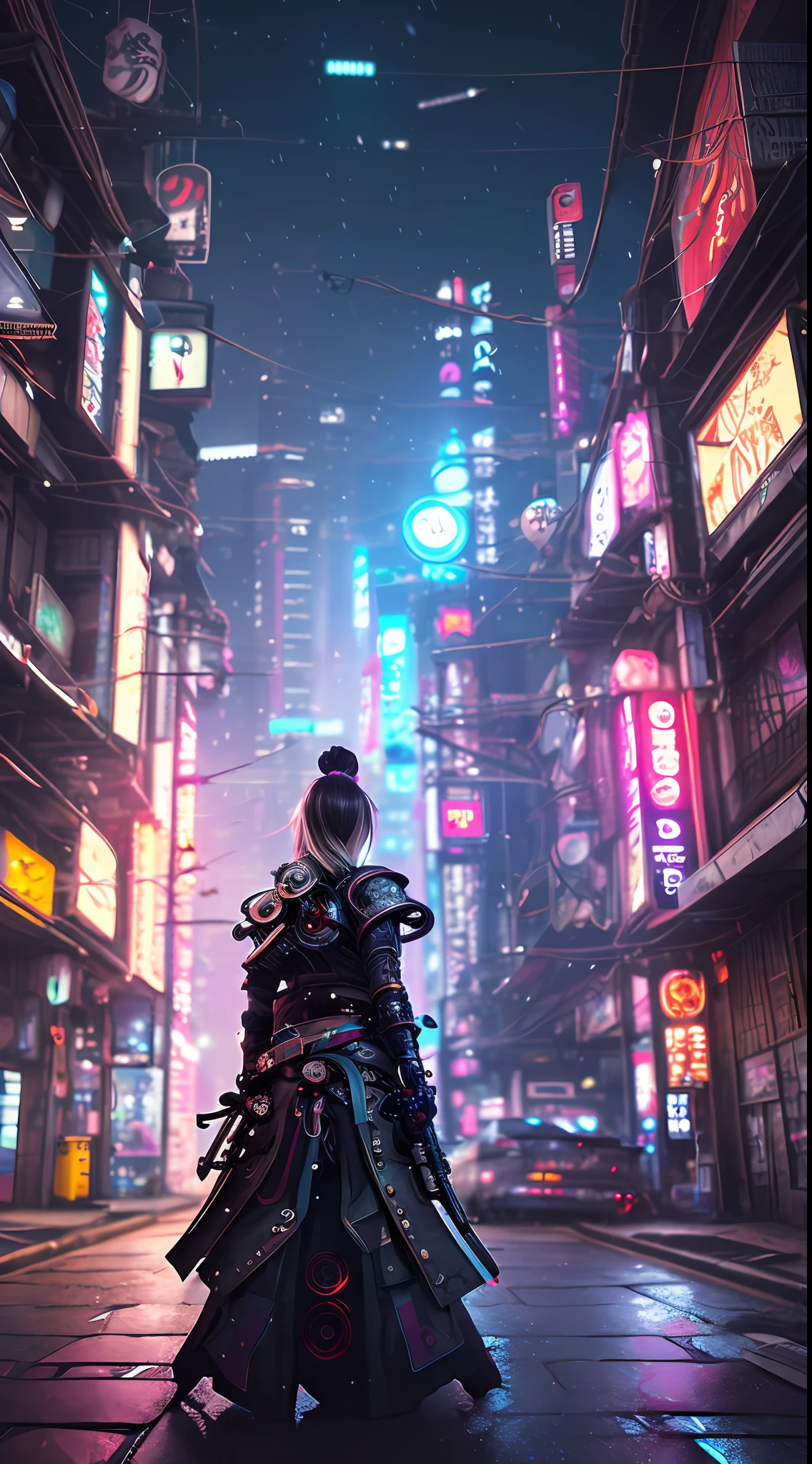 ,1girl, solo, girl, futuristic outfit, neon samurai, very cute cyberpunk samurai, cyberpunk samurai, ghost blade style, victo ngai cyberpunk style, cyberpunk neon style, cyberpunc, cyberpunk neon, technomancer, video game character, synthwave image, cyberpunk voodoo, neon glow concept art, moon, flashlight, night, solo, outdoor, sky, full moon, rain, mountain, cloud, paper lantern,  night sky, bangs, tree, reflection, overcast sky, {{(masterpiece),(extremely detailed CG unit 8k wallpaper), best quality, solo, cinematic lighting, detailed background, beautiful detailed eyes, bright pupils, (an extremely delicate and beautiful), (beautiful and detailed eye description), ultra-detailed, masterpiece,}}, detailed eyes, beautiful eyes, realistic eyes, pleasant eyes, perfect eyes