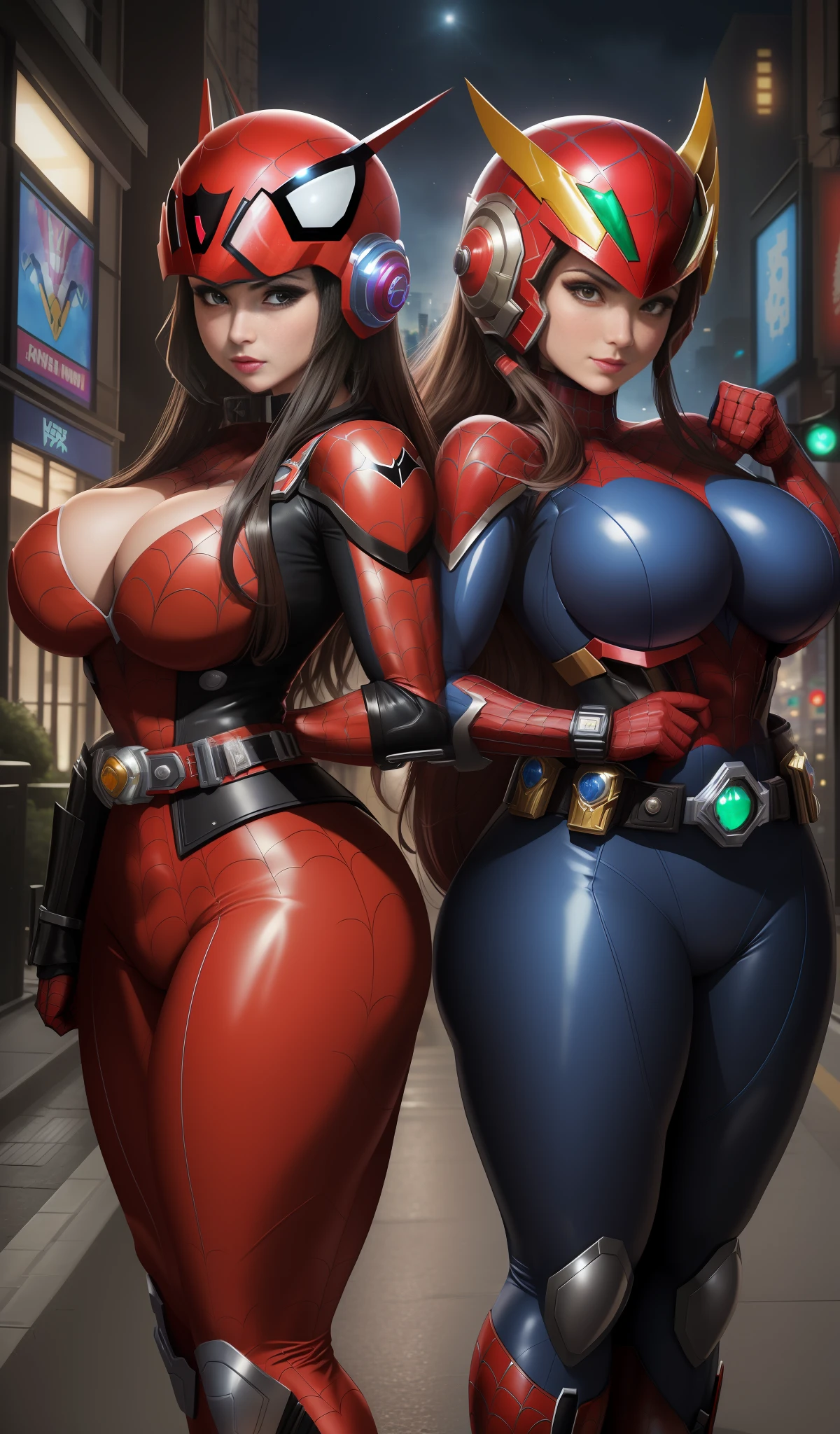 Image with full resolution/quality/sharpness/, Unreal Engine 5/Power Rangers/Tokusatsu/Mortal Kombat/Super Metroid, Cartoon/Disney/Dragon ball/Style, ((1/Woman/big breasts1/helmet/belt/Mega Man-X/Kamen Rider/Spiderman)), mohawk long hair, looking at viewer, pose, City at night shower strongly, --w 658 --h 1024