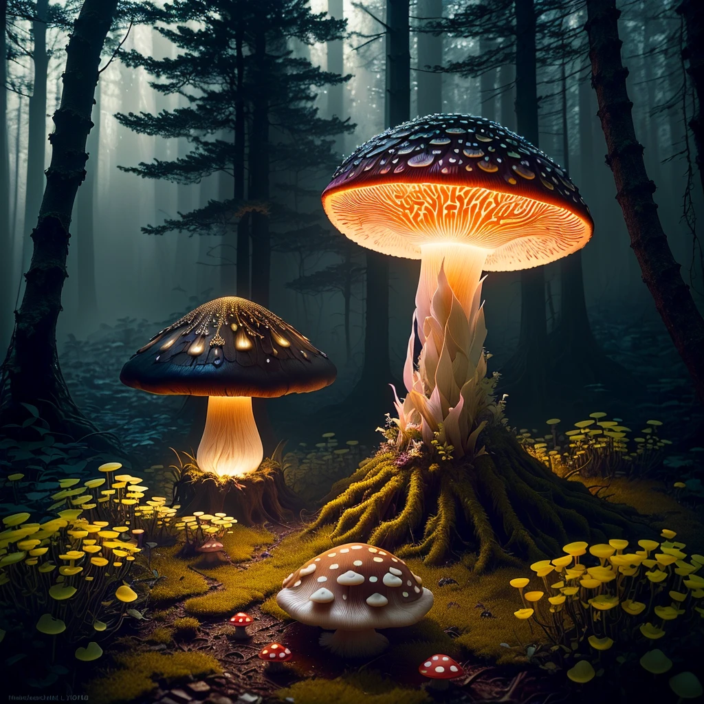 Glowing mushroom,very dark lighting,forest,intricate details and sharp,octane render,16mm, 35mm,high quality,kodak film,high detail, dark fantasy,(epic ambiant light:1.2),blured background,atmospheric oliva lighting,