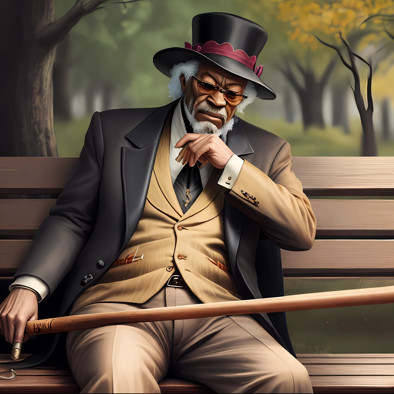 Crime pimp sitting on a wooden bench with a cane, HD, 10k