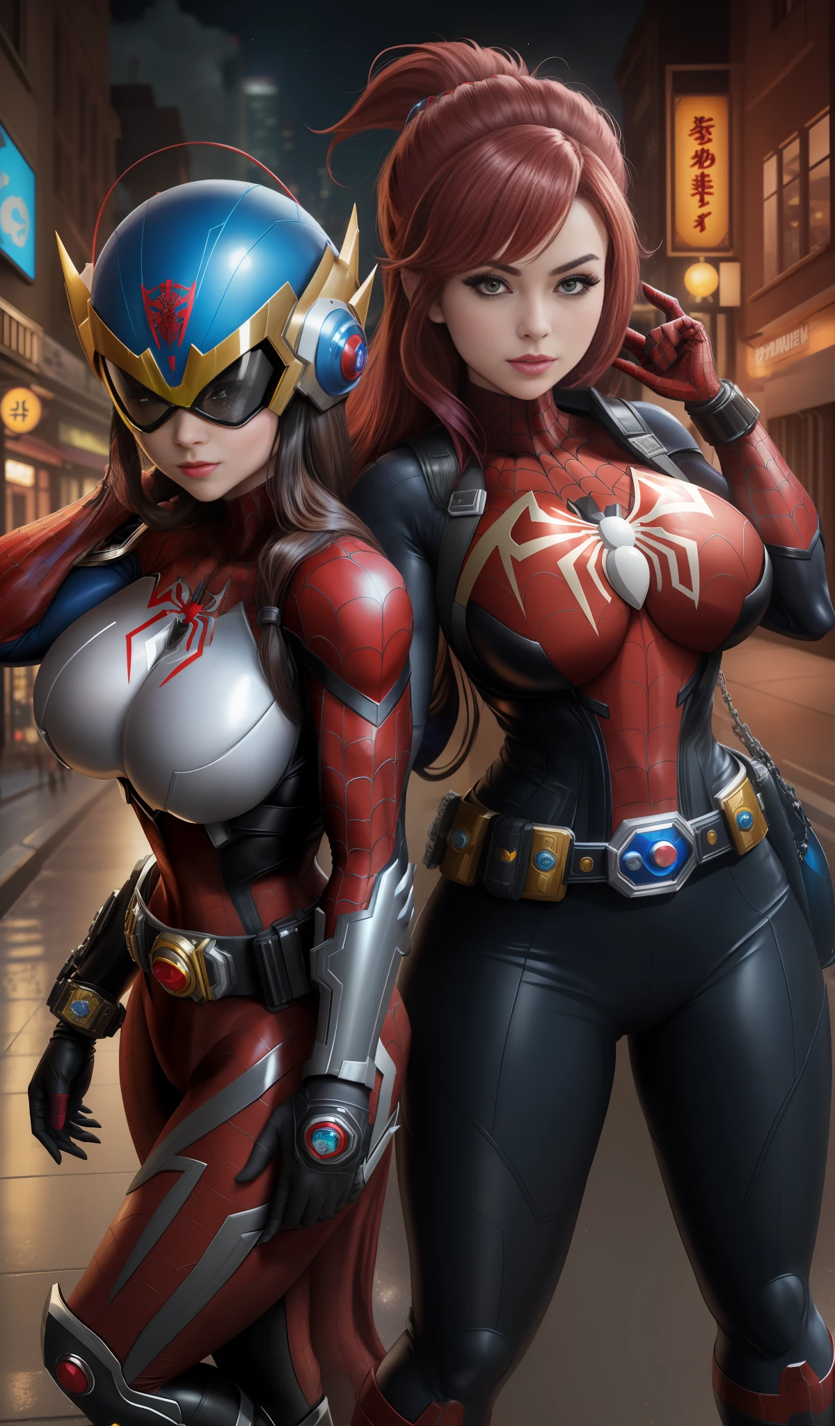Image with full resolution/quality/sharpness/, Unreal Engine 5/Power Rangers/Tokusatsu/Mortal Kombat/Super Metroid, Cartoon/Disney/Dragon ball/Style, ((1 Woman/big breasts1/helmet/belt/Mega Man-X/Kamen Rider/Spiderman)), mohawk long hair, looking at viewer, pose, City at night shower strongly, --w 658 --h 1024