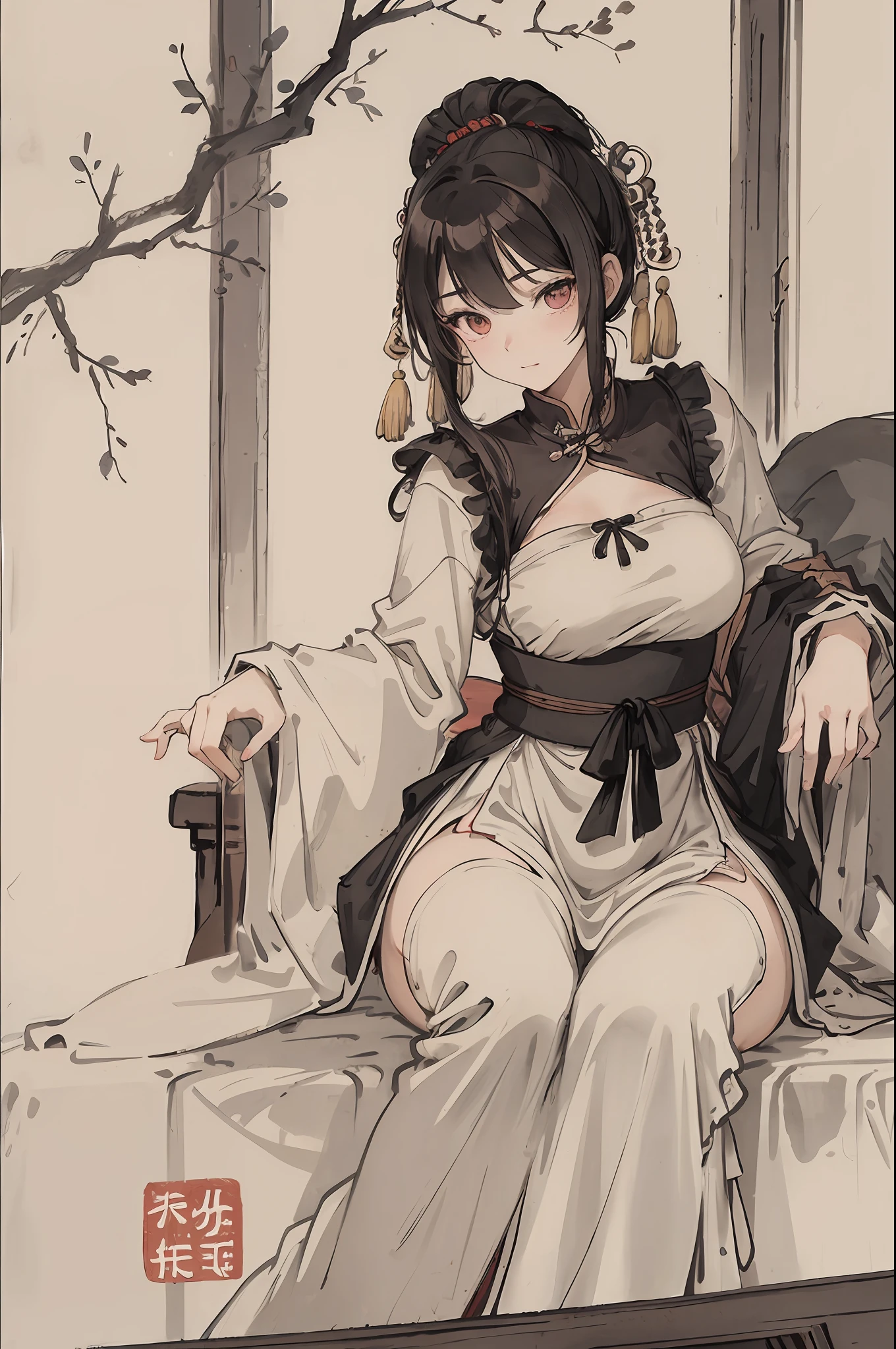 (masterpiece, best quality: 1.2), traditional Chinese ink painting, A cute 18 year old female with medium  breasts, Oversized dress :1.2, Couch, Ultra-detailed face, Detailed eyes, Double eyelid, sfw , long dress