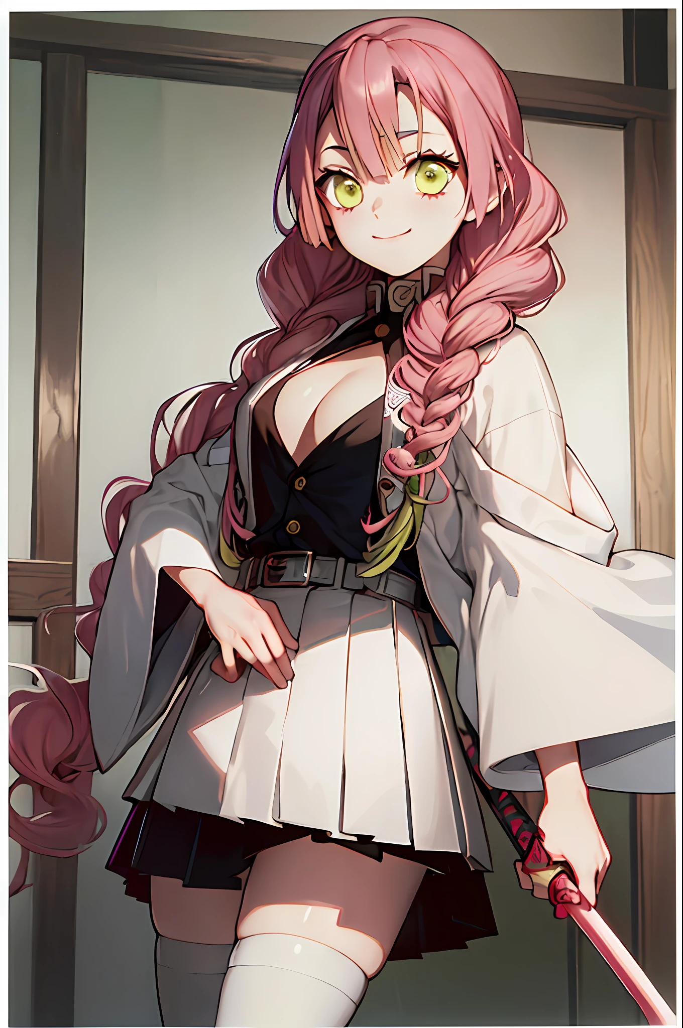 masterpiece, best quality, ultra-detailed, Potrait of beautiful MitsuruDS, solo, demon_slayer_uniform, smile, long_sleeves, looking_at_viewer, japanese_clothes, breasts, haori, cleavage, closed_mouth, jacket, large_breasts, open_clothes, skirt, belt, black_skirt, pleated_skirt, thighhighs, green_thighhighs, zettai_ryouiki, volumetric lighting, best quality, masterpiece, intricate details, tonemapping, sharp focus, hyper detailed, trending on Artstation, pink hair with greeb bottom hair, pink hair, greeb bottom hair, kimetsu no yaiba, holding sword, holding weapon, holding katana, weapon, katana