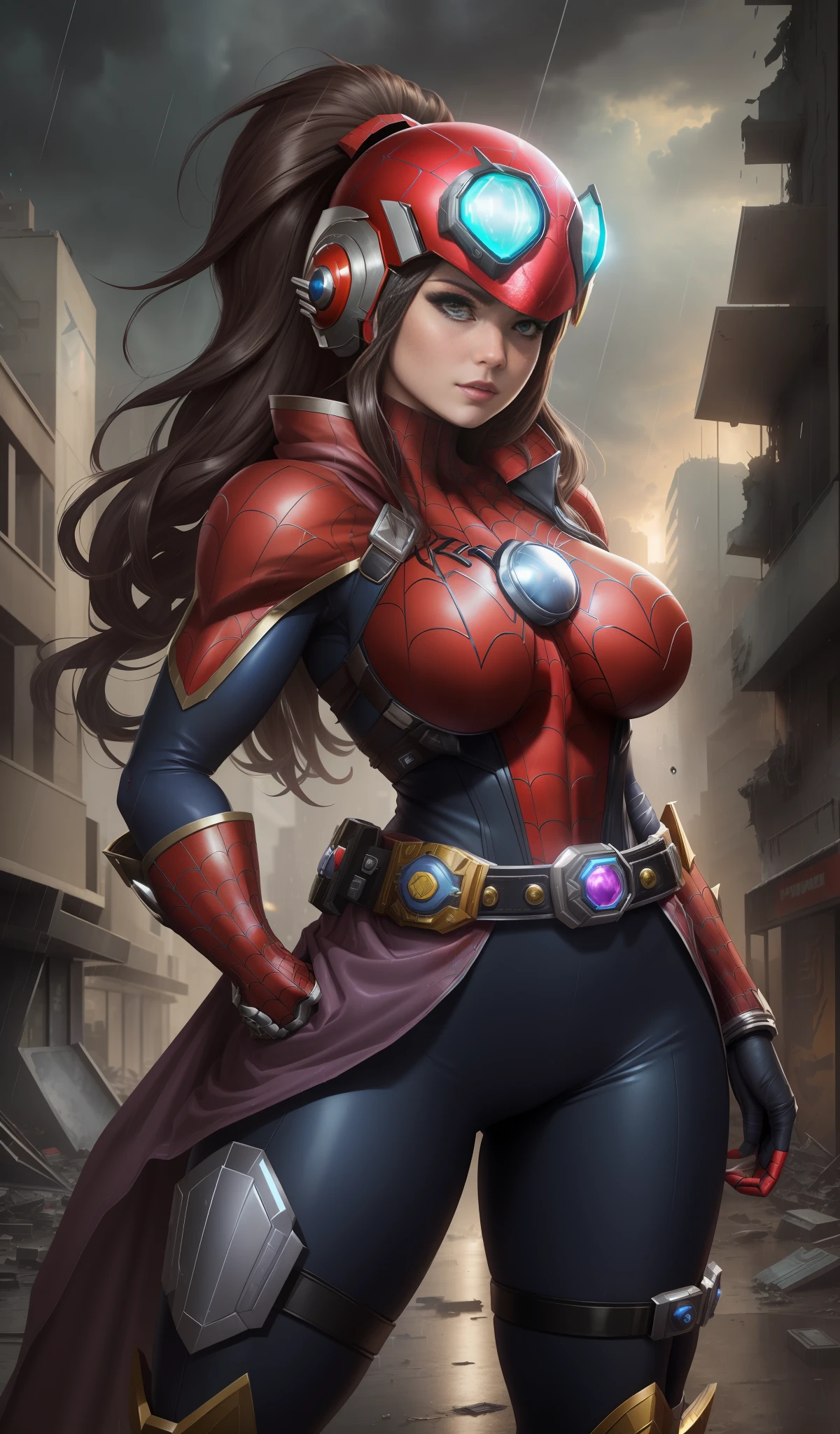 Image with full resolution/quality/sharpness/, Unreal Engine 5/Power Rangers/Tokusatsu/Mortal Kombat/Super Metroid, Cartoon/Disney/Dragon ball/Style, ((a single woman/big breasts1/helmet/belt/Mega Man-X/Kamen Rider/Spiderman)), mohawk long hair, looking at the viewer, pose, She is in a futuristic destroyed city raining very heavily.