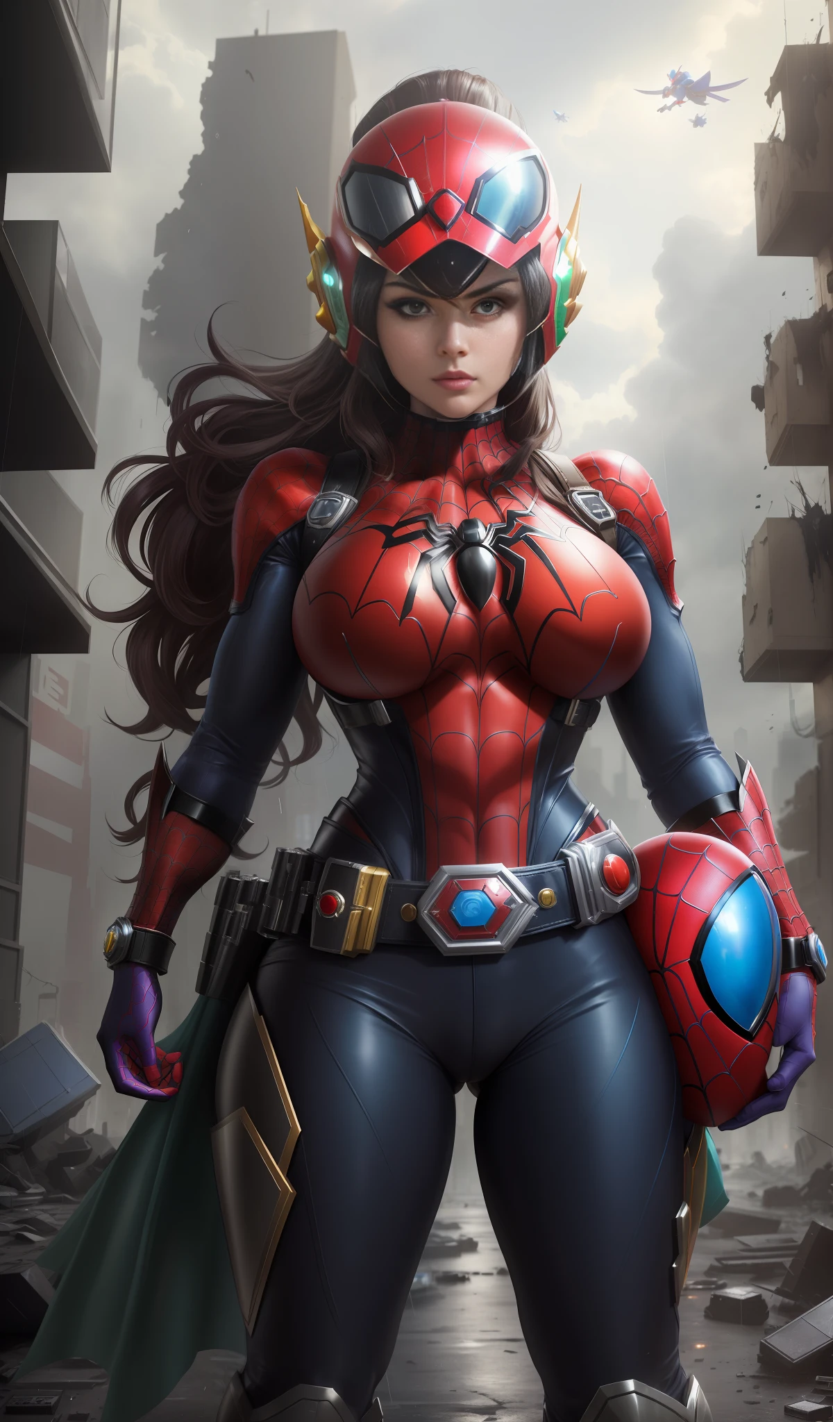 Image with full resolution/quality/sharpness/, Unreal Engine 5/Power Rangers/Tokusatsu/Mortal Kombat/Super Metroid, Cartoon/Disney/Dragon ball/Style, ((a single woman/big breasts1/helmet/belt/Mega Man-X/Kamen Rider/Spiderman)), mohawk long hair, looking at the viewer, pose, She is in a futuristic destroyed city raining very heavily.