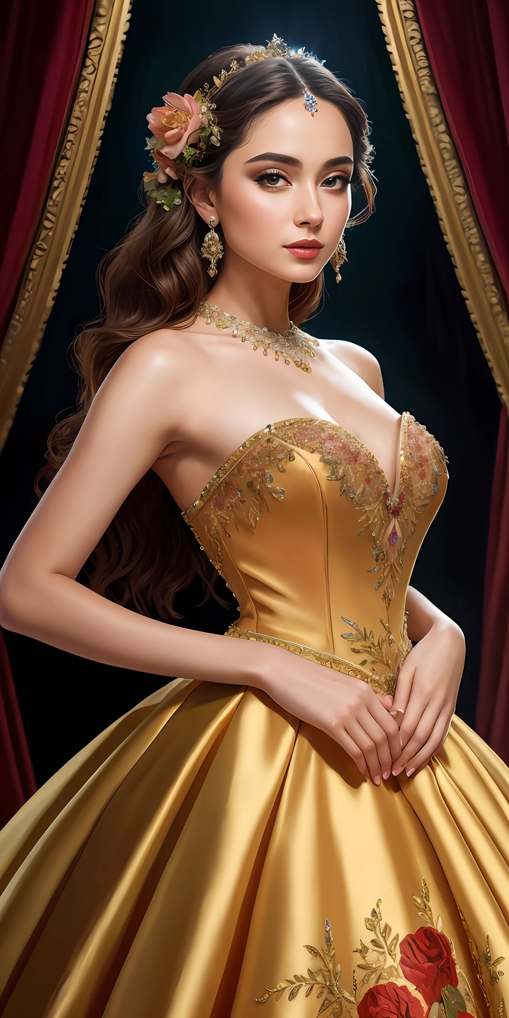 masterpiece, best quality, photo realistic oil color painting of 1girl,evening gown, detailed face, detailed body, intricate detail on her dress, epic background, 8k, full HD, extremely detailed