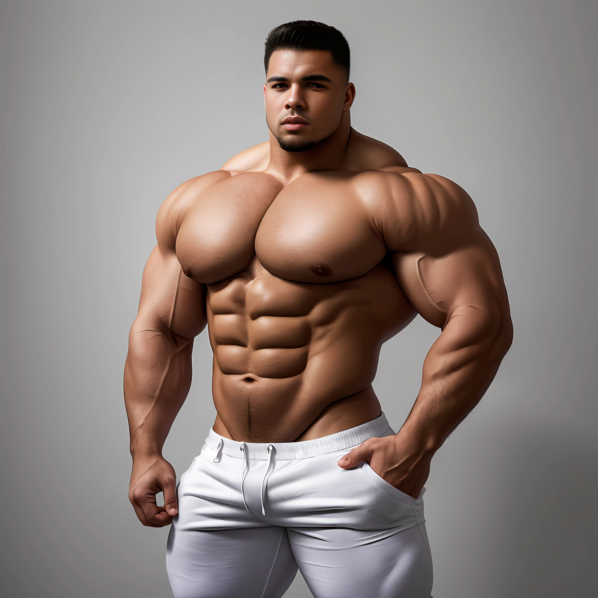 1 man, A solo half body portrait photoshoot style of a young bodybuilder huge musclebound man in a white room, white background, wearing cargo pants. Hyper muscles, enormous build, thick bones, hyper muscles, large stature, arafed man