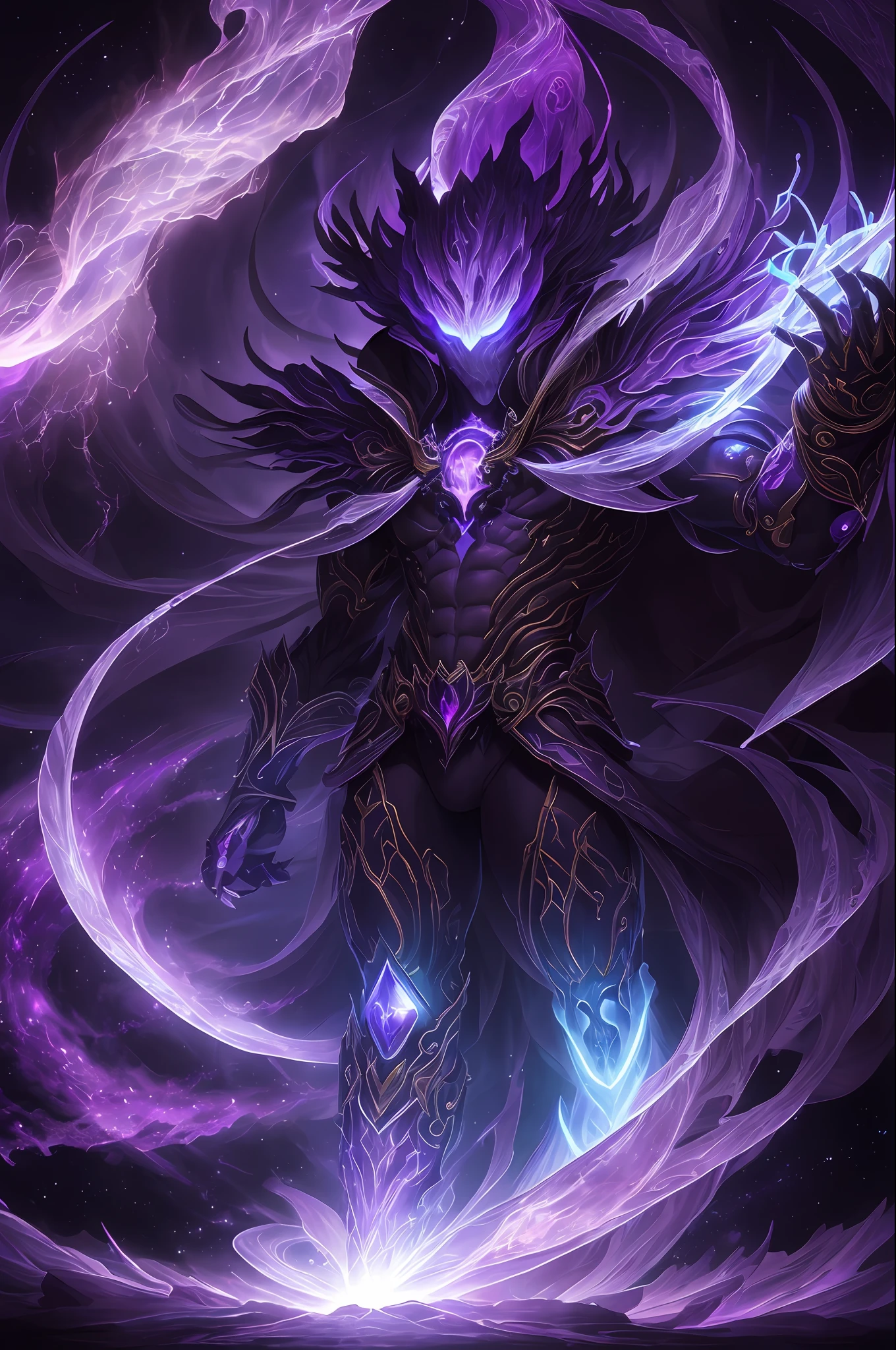 "Create an ultra-detailed, best quality, high-resolution masterpiece depicting an umbral elemental with an inhumanoid figure seeping with purple energy" perfect shadows, high quality shading, photorealistic,