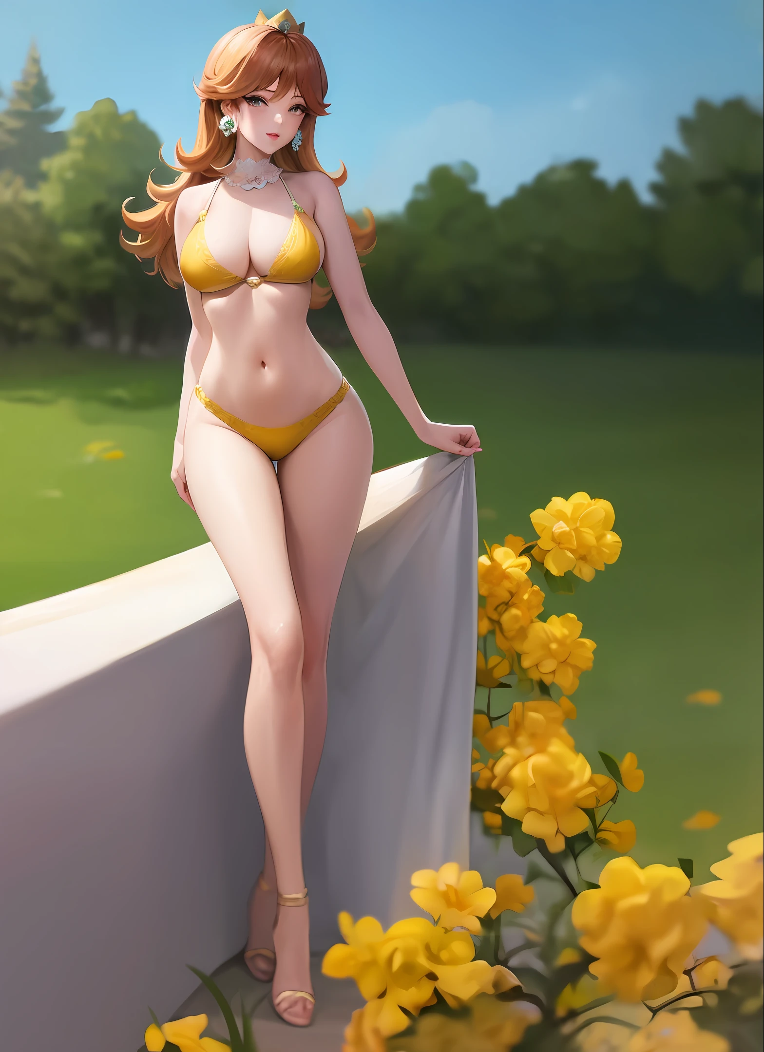 Realistic, sexy , detail, yellow colour cloth, wavy hairstyles, perfect body, high Resolution, in the cherry garden,