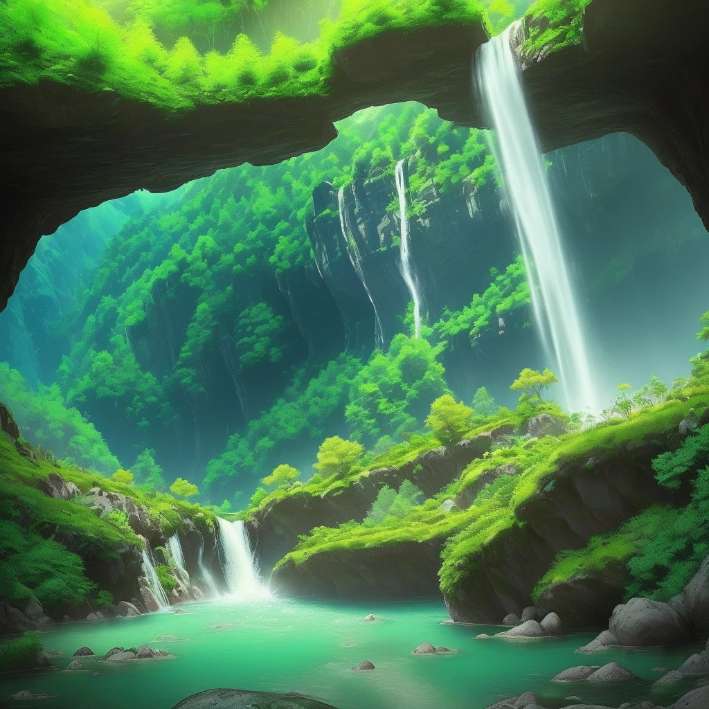 As your gaze descends, you discover a lush valley nestled amidst the mountains. Verdant forests sprawl across the land, their foliage shimmering with an otherworldly luminescence. Crystal-clear rivers cascade down from the peaks, their waters sparkling like liquid diamonds.