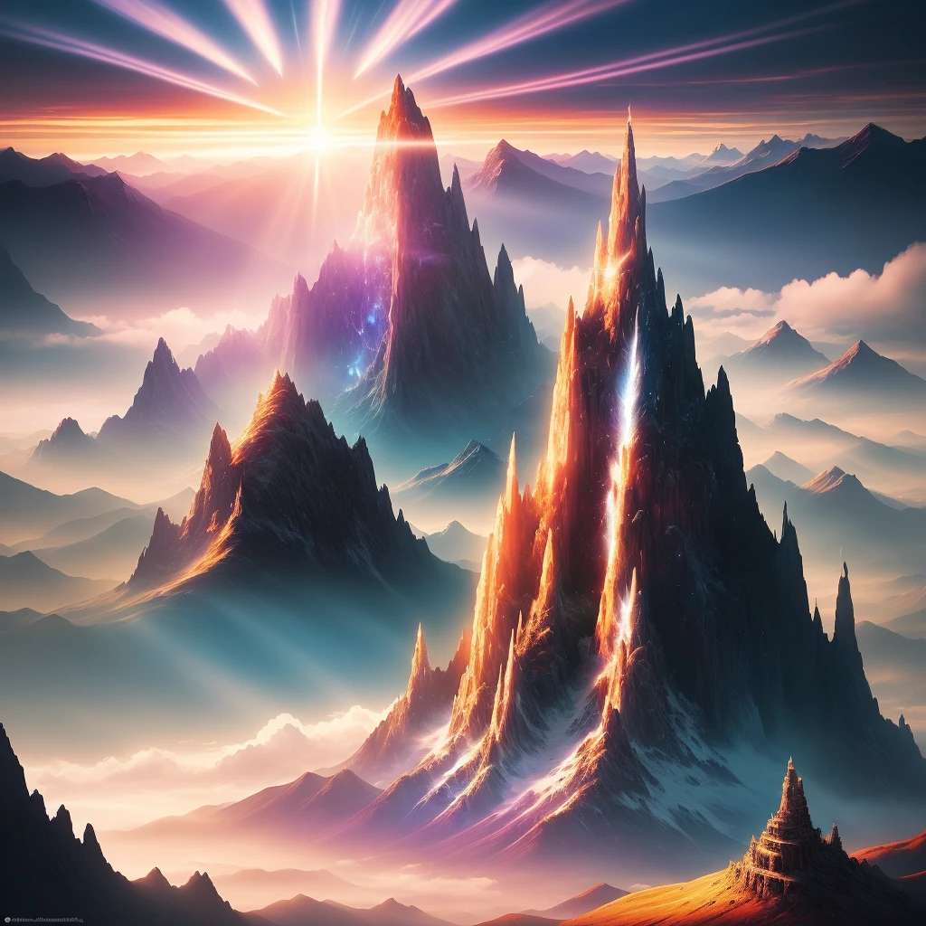 In this fantastical landscape, where reality and enchantment coexist, let your imagination take flight. Paint or create a piece of art inspired by this extraordinary vision, capturing the mystical sun rays illuminating the mountain landscape and infusing it with your unique style and interpretation.