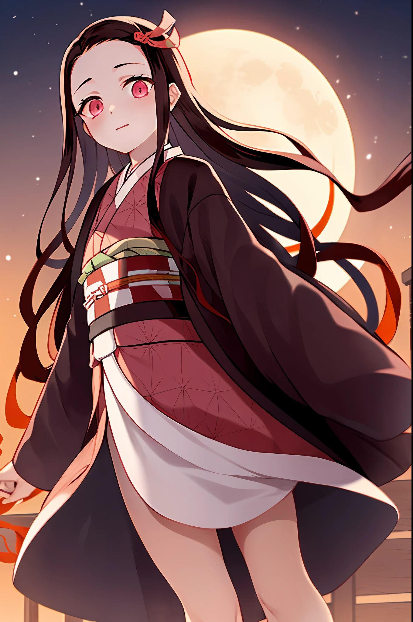 kamado nezuko, 1girl, slit pupils, ((aged up)), brown hair, gradient hair, japanese clothes, kimono, long hair, moon, multicolored hair, night, obi, pink kimono's, dark hair, orange bottom hair, red eyes, solo, standing, very long hair, white belt, ((masterpiece)), nezuko kamado, kimetsu no yaiba,