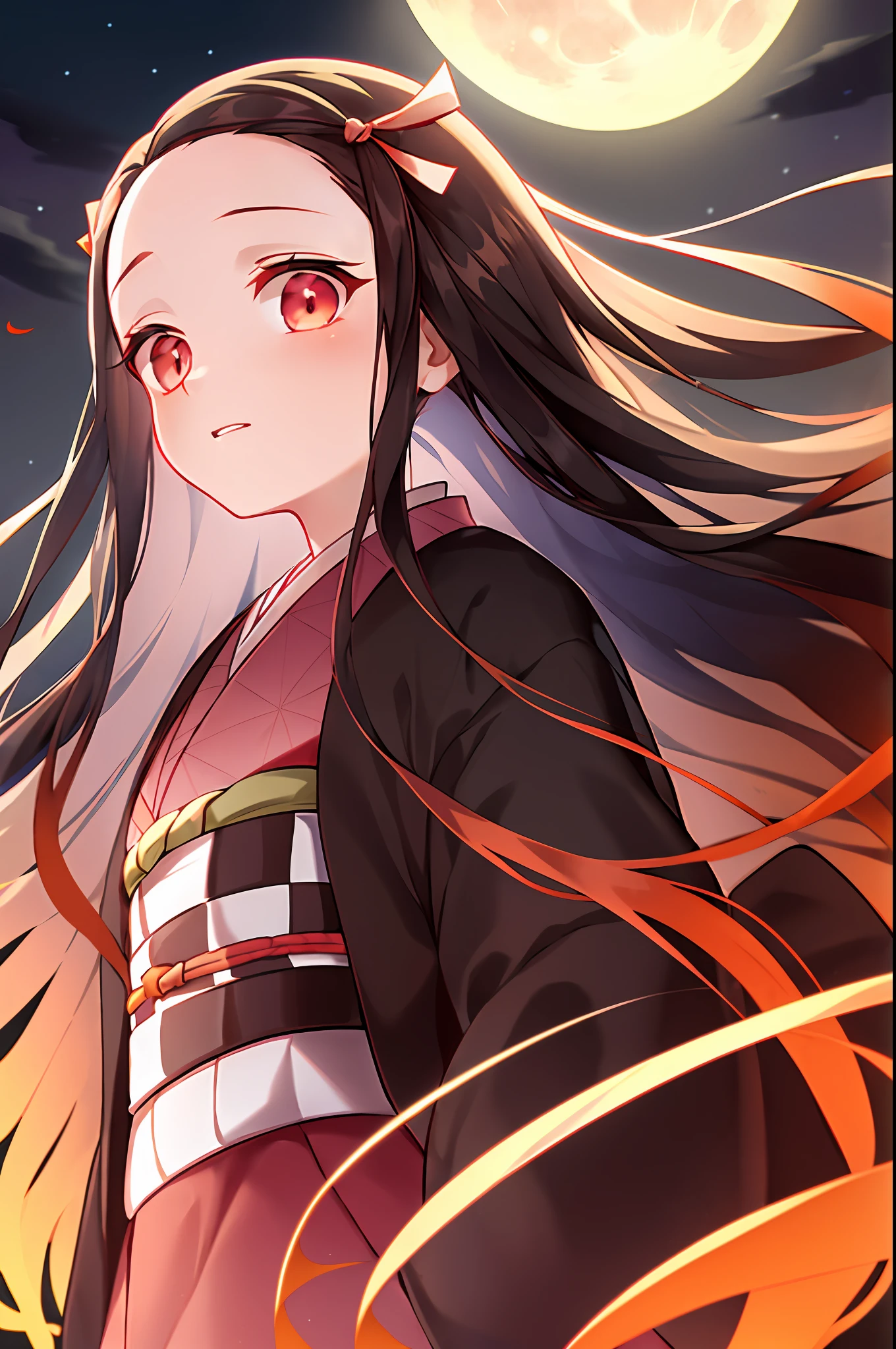 kamado nezuko, 1girl, slit pupils, ((aged up)), brown hair, gradient hair, japanese clothes, kimono, long hair, moon, multicolored hair, night, obi, pink kimono's, dark hair, orange bottom hair, red eyes, solo, standing, very long hair, white belt, ((masterpiece)), nezuko kamado, kimetsu no yaiba,