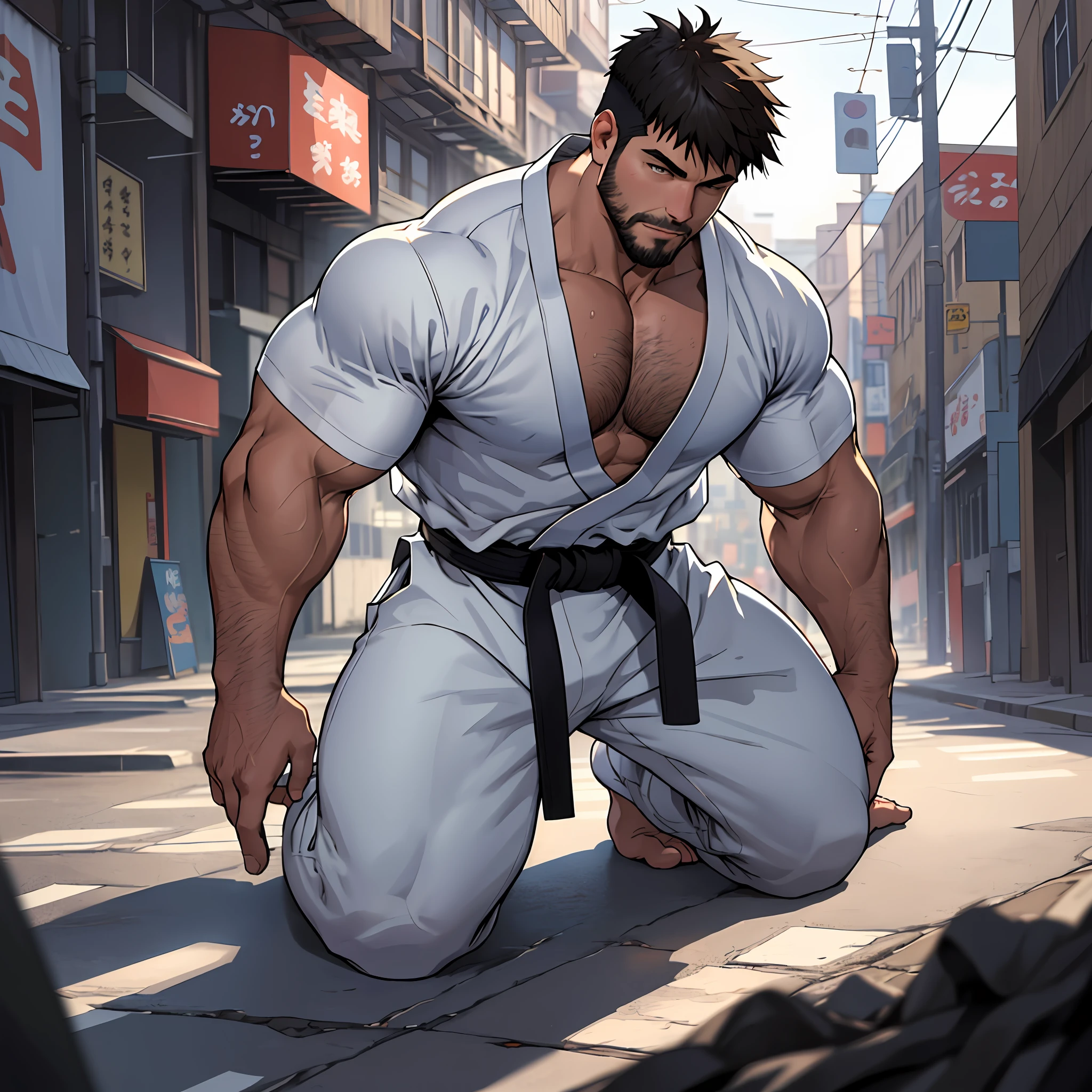 best quality, masterpiece, super high resolution, detailed background, realism, Illustrations, single, 1 boy, street, muscle, volumetric lighting, depth of field, full body, facial hair, Ryu, kneeling, white clothes, black belt