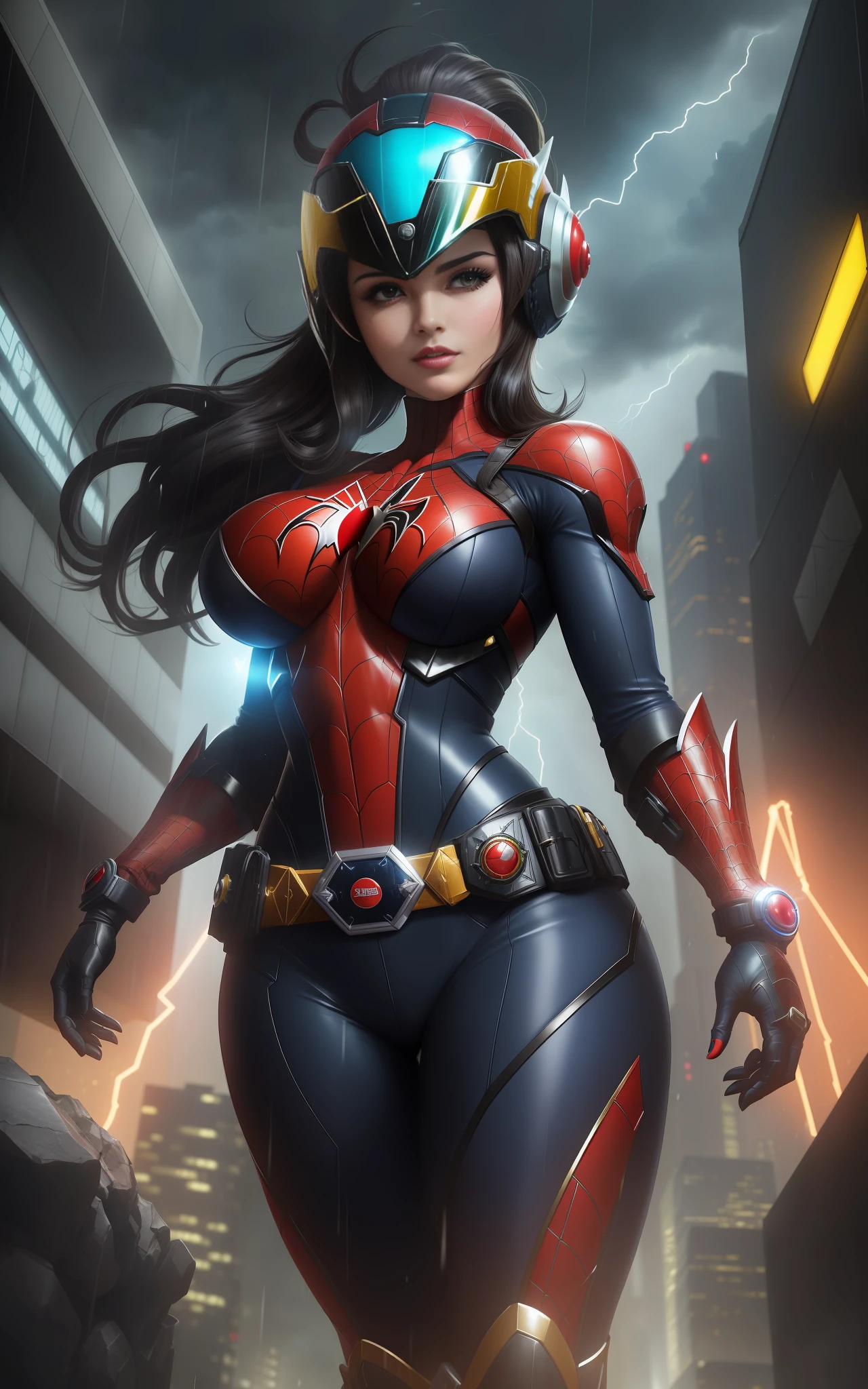 Imagem com Resolução máxima/qualidade/nitidez/, Unreal Engine 5/Power Rangers/Tokusatsu/Mortal Kombat/Super Metroid, Cartoon/Disney/Dragon ball/Style, ((a single woman/big breasts1/helmet/belt/Mega Man-X/Kamen Rider/BatmanSpiderman)), mohawk cabelo longo, olhando para o espectador, pose, She is in the center of the image in a futuristic city raining extremely heavily.