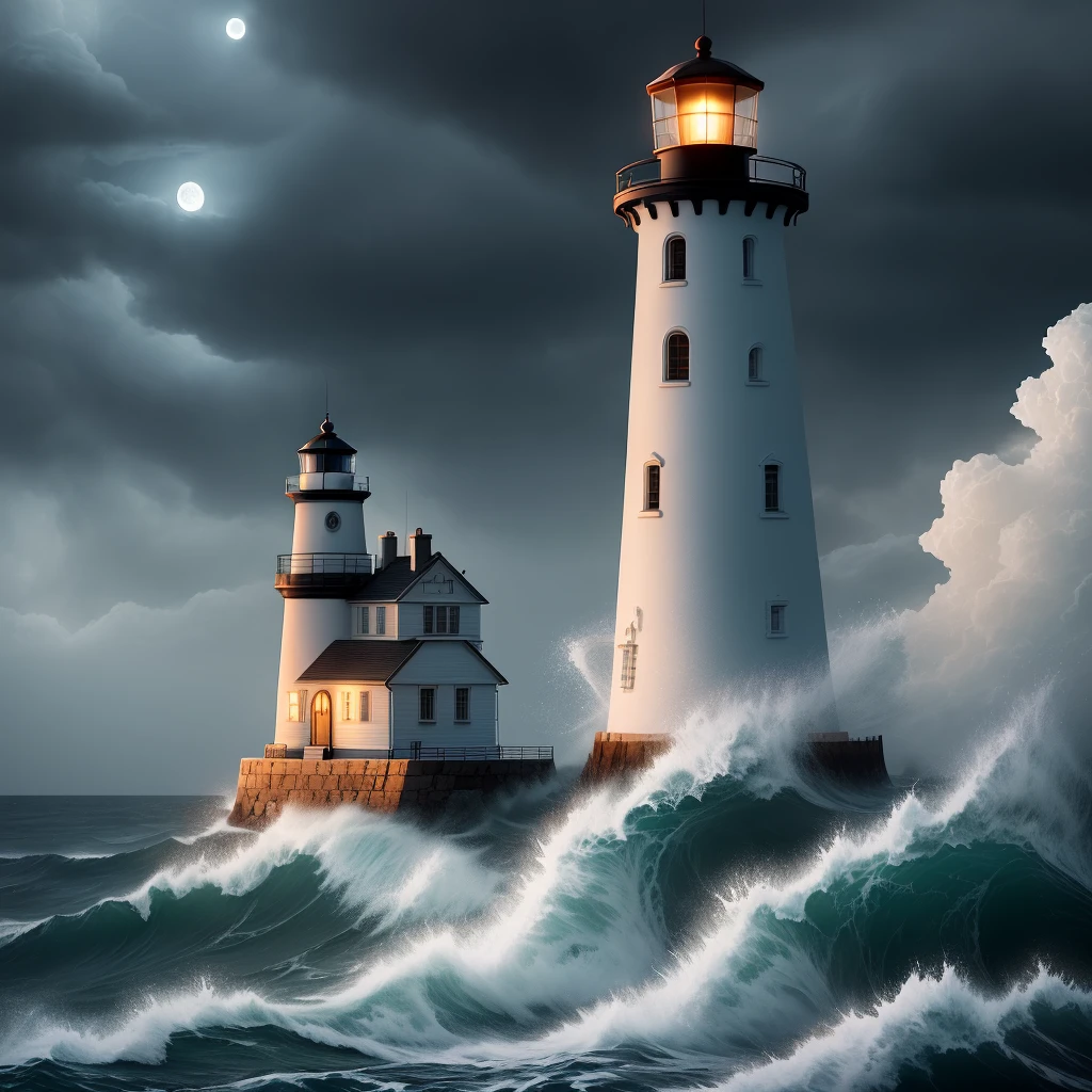 a light house at night, violent storms all over the sea, light lit on the lighthouse, a moon on the sky