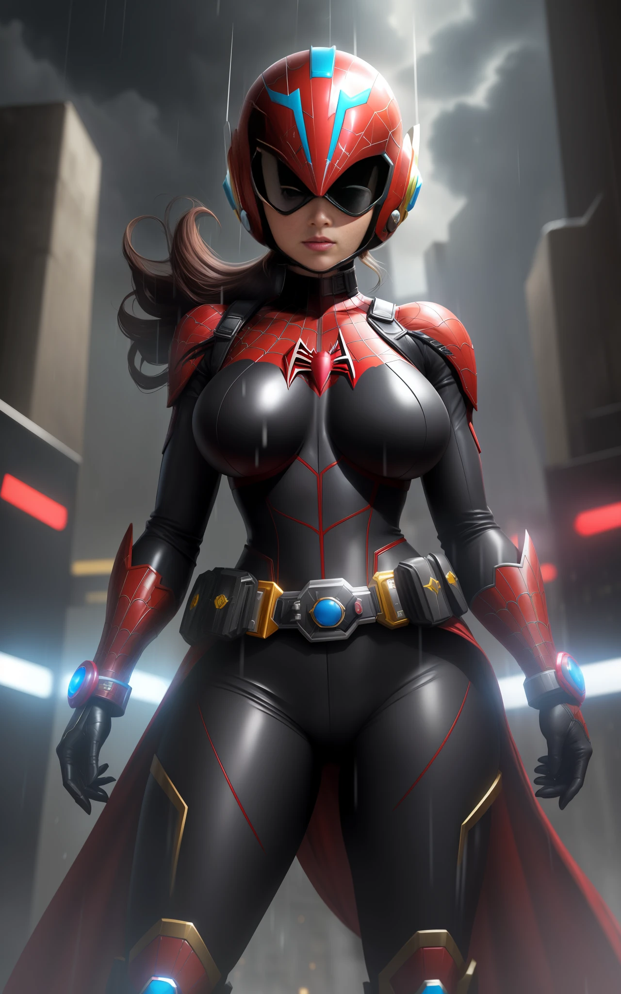 Imagem com Resolução máxima/qualidade/nitidez/, Unreal Engine 5/Power Rangers/Tokusatsu/Mortal Kombat/Super Metroid, Cartoon/Disney/Dragon ball/Style, ((a single woman/big breasts1/helmet/belt/Mega Man-X/Kamen Rider/BatmanSpiderman)), mohawk cabelo longo, olhando para o espectador, pose, She is in the center of the image in a futuristic city raining extremely heavily.