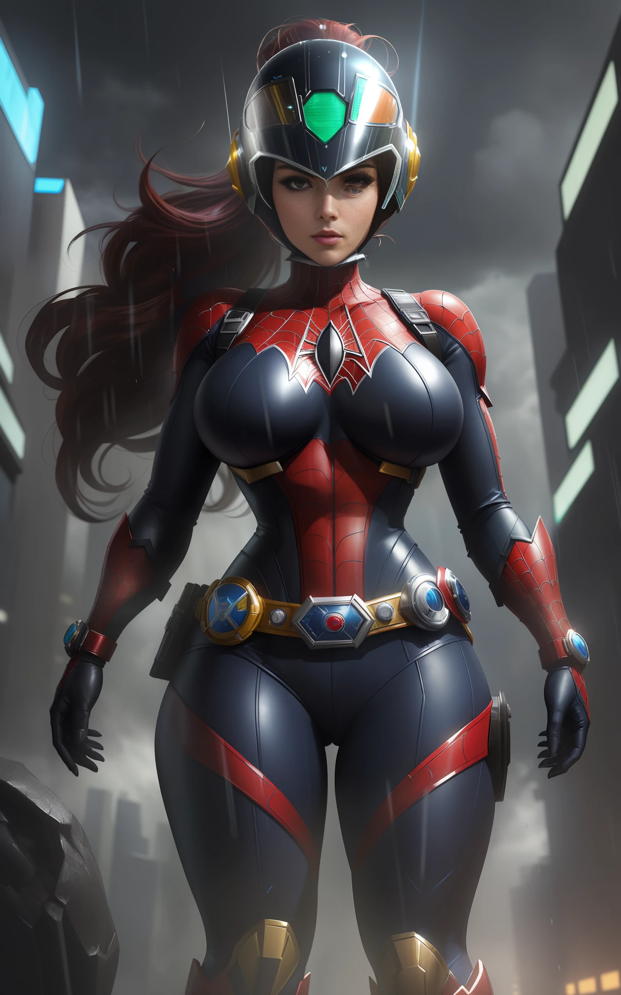 Imagem com Resolução máxima/qualidade/nitidez/, Unreal Engine 5/Power Rangers/Tokusatsu/Mortal Kombat/Super Metroid, Cartoon/Disney/Dragon ball/Style, ((a single woman/big breasts1/helmet/belt/Mega Man-X/Kamen Rider/BatmanSpiderman)), mohawk cabelo longo, olhando para o espectador, pose, She is in the center of the image in a futuristic city raining extremely heavily.