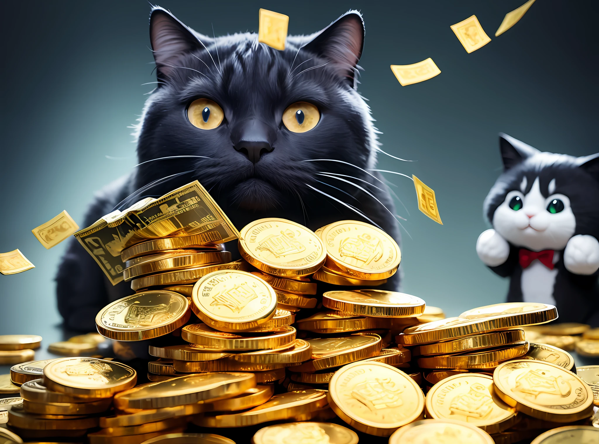 Pile of gold bars, gold coins and some cash bills around a giant realistic fortune cat