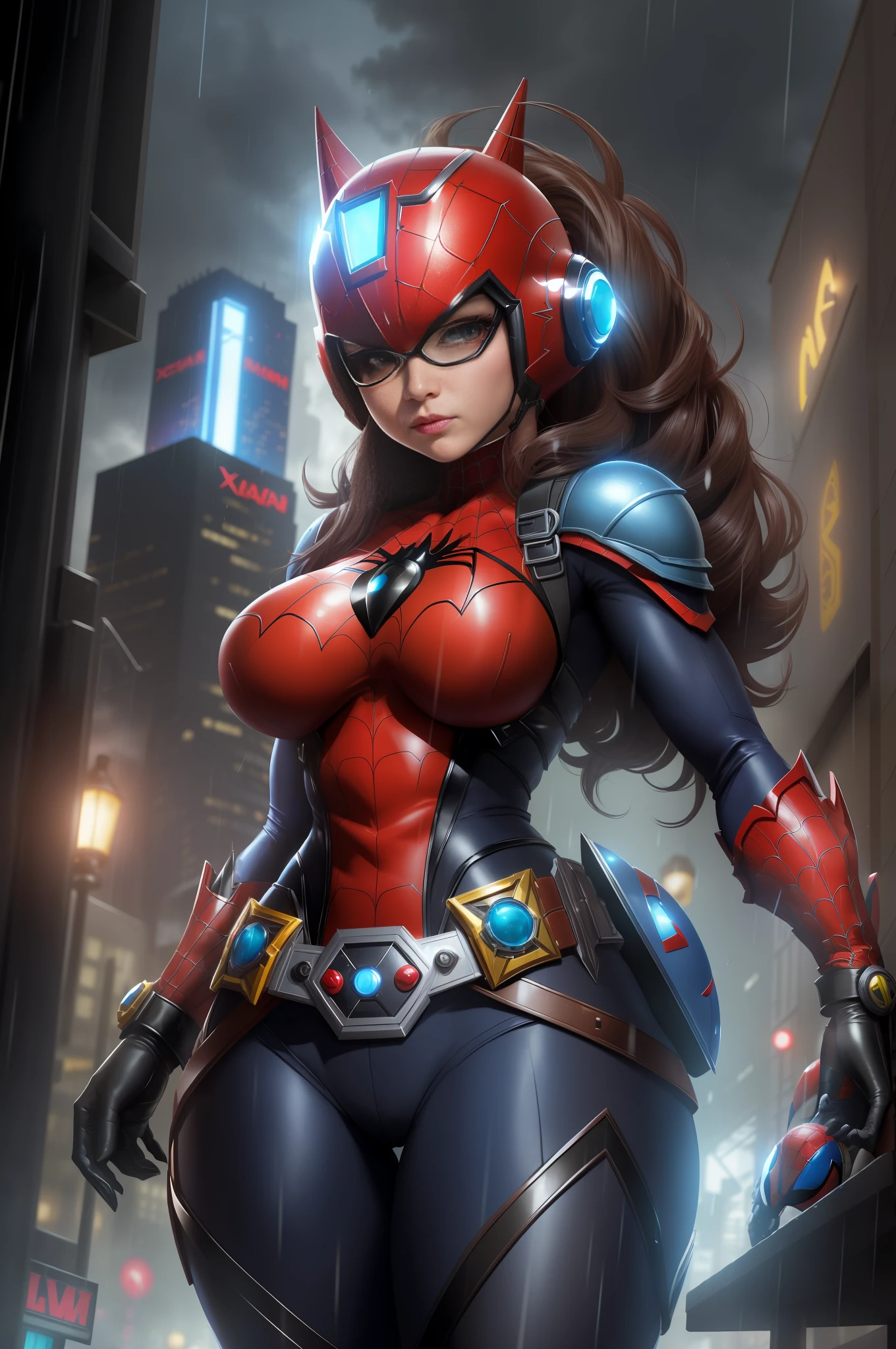 Image with full resolution/quality/sharpness/, Unreal Engine 5/Power Rangers/Tokusatsu/Mortal Kombat/Super Metroid, Cartoon/Disney/Dragon ball/Style, ((a single woman/big breasts1/helmet/belt/Mega Man-X/Kamen Rider/BatmanSpiderman)), mohawk long hair, looking at the viewer, pose, She is in the center of the image doing pose, in a futuristic city raining a lot.