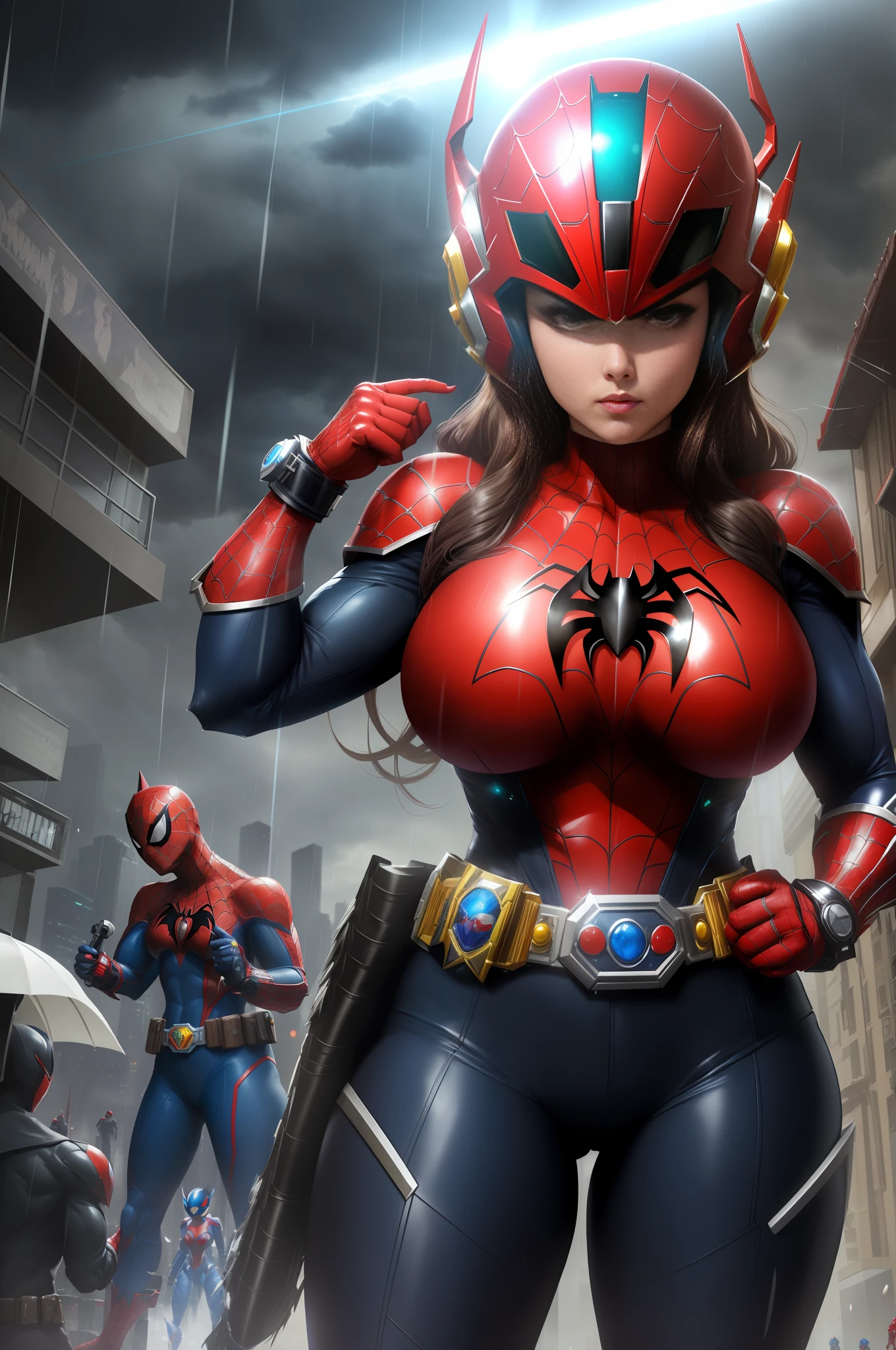 Image with full resolution/quality/sharpness/, Unreal Engine 5/Power Rangers/Tokusatsu/Mortal Kombat/Super Metroid, Cartoon/Disney/Dragon ball/Style, ((a single woman/big breasts1/helmet/belt/Mega Man-X/Kamen Rider/BatmanSpiderman)), mohawk long hair, looking at the viewer, pose, She is in the center of the image doing pose, in a futuristic city raining a lot.