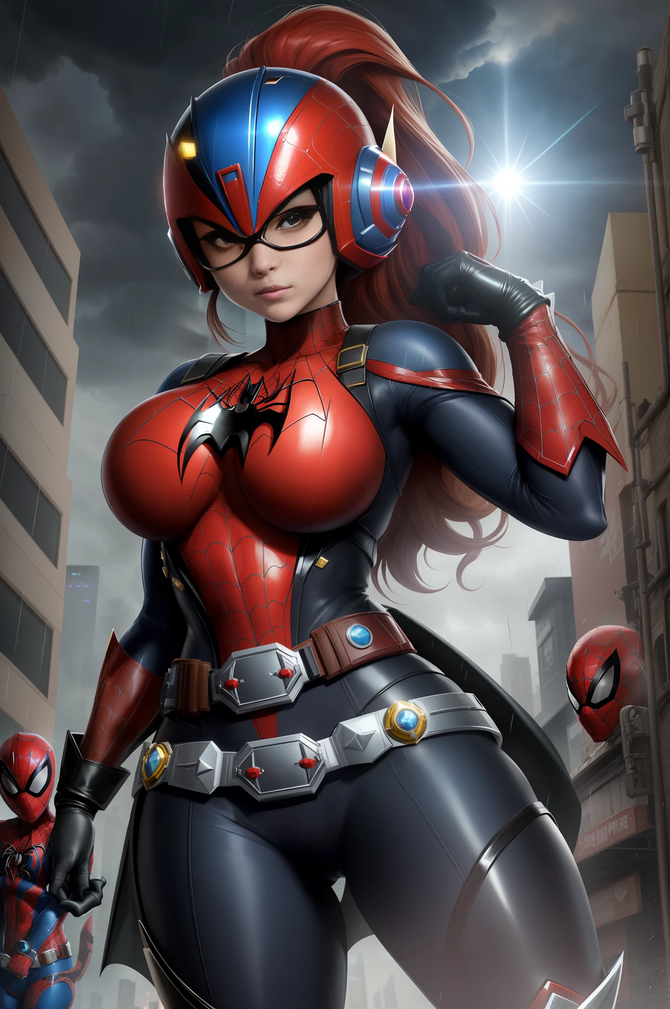 Image with full resolution/quality/sharpness/, Unreal Engine 5/Power Rangers/Tokusatsu/Mortal Kombat/Super Metroid, Cartoon/Disney/Dragon ball/Style, ((a single woman/big breasts1/helmet/belt/Mega Man-X/Kamen Rider/BatmanSpiderman)), mohawk long hair, looking at the viewer, pose, She is in the center of the image doing pose, in a futuristic city raining a lot.