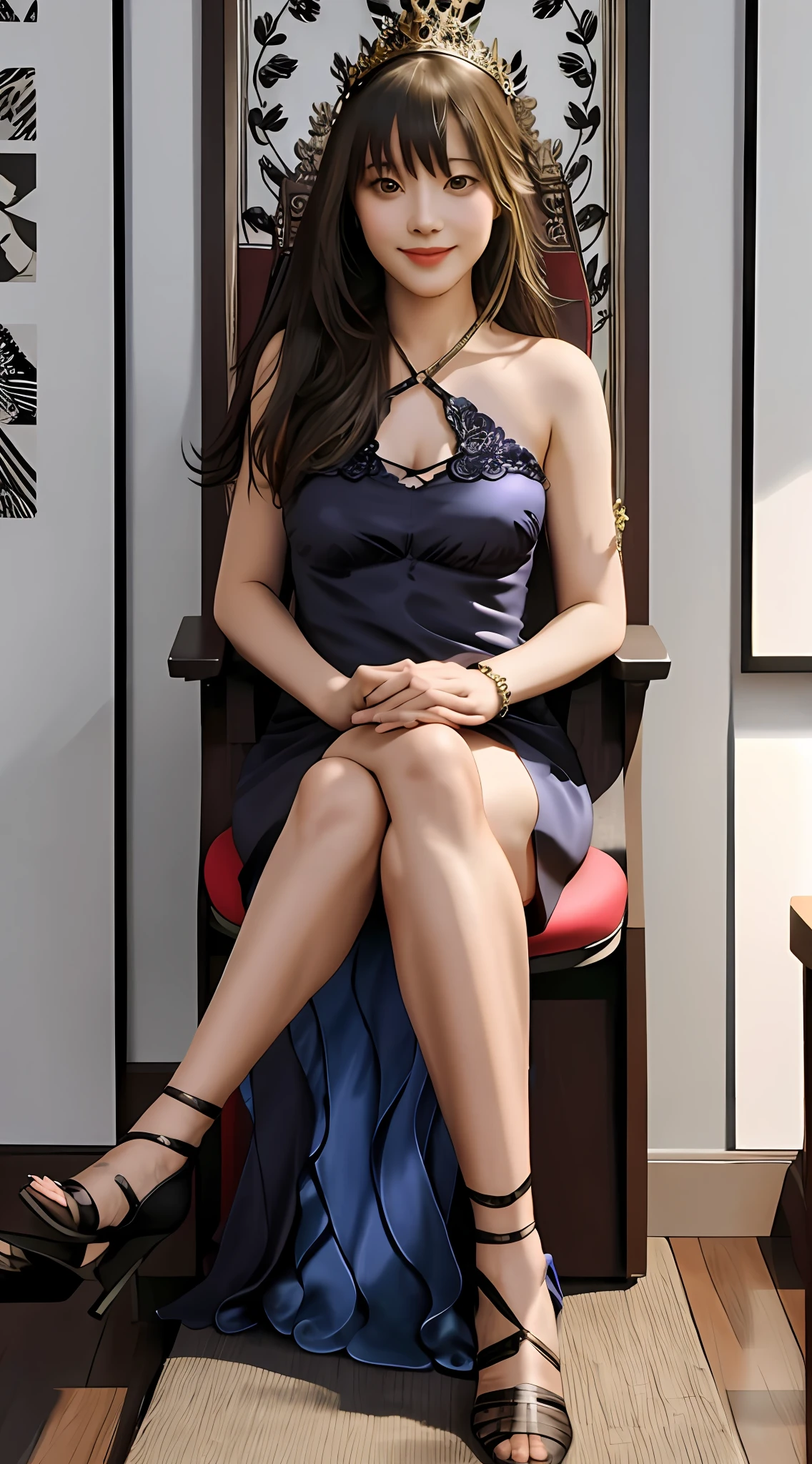 M4A1DRESS, 1girl, solo, a beautiful young woman sitting on a chair royalty photo, woman is sitting, sitting dynamic pose, stylized portrait formal pose, sitting pose, seductive seated pose, sitting cross-legged, sexy pose gesture, woman posing, girl in studio, thinking pose, photo of a woman, smiling, seductive smile, best quality, realistic